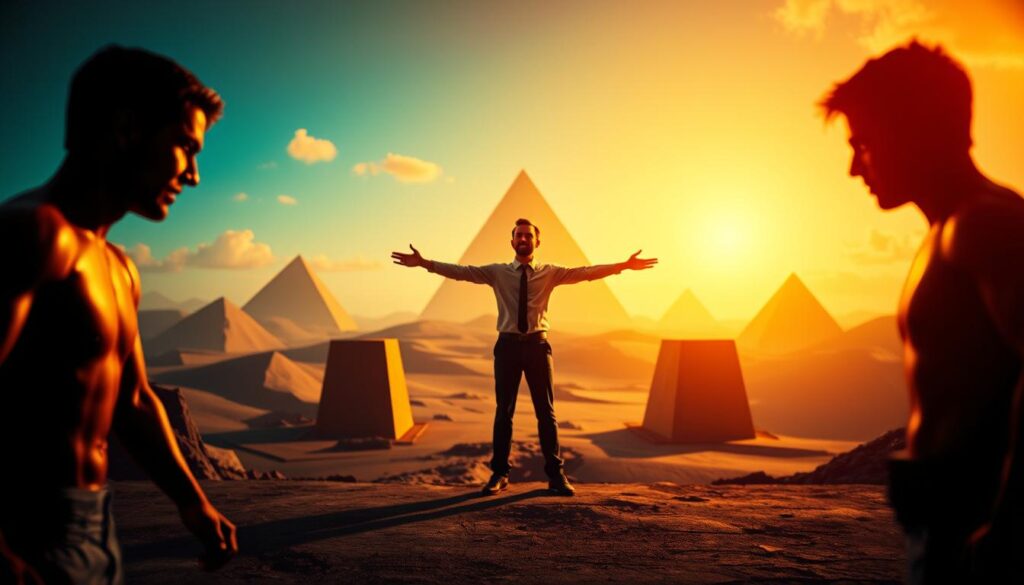 A vibrant, dynamic scene depicting competing and neutral goals. In the foreground, two figures face off, one with an aggressive stance, the other more passive. In the middle ground, a third figure stands calmly, arms outstretched, mediating the tension. The background features an abstract geometric landscape, with clashing shapes and colors symbolizing the contrast between the goals. Warm lighting illuminates the scene, creating a sense of energy and movement. Captured with a Sony A7R IV 70mm lens, the image is sharply focused, with a polarized filter enhancing the vivid colors and textures. A vibrant, dynamic scene depicting competing and neutral goals. In the foreground, two figures face off, one with an aggressive stance, the other more passive. In the middle ground, a third figure stands calmly, arms outstretched, mediating the tension. The background features an abstract geometric landscape, with clashing shapes and colors symbolizing the contrast between the goals. Warm lighting illuminates the scene, creating a sense of energy and movement. Captured with a Sony A7R IV 70mm lens, the image is sharply focused, with a polarized filter enhancing the vivid colors and textures.
