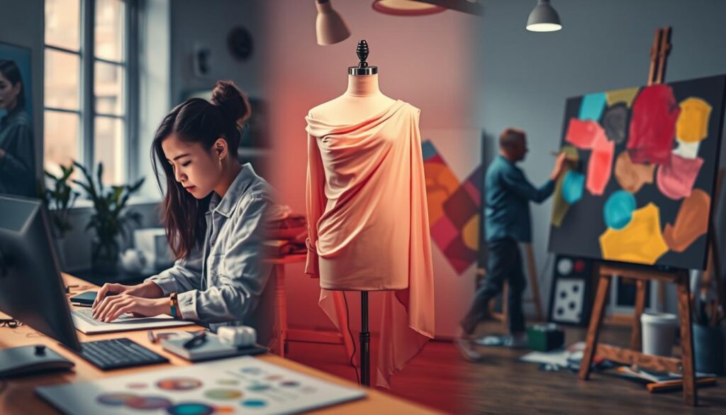 A vibrant, visually striking collage depicting the diverse array of creative professions. In the foreground, a graphic designer manipulates digital art tools, their workspace illuminated by soft, directional lighting. The middle ground showcases a fashion designer draping fabric over a mannequin, the scene captured through a polarized filter for enhanced depth and clarity. In the background, a painter brushes vibrant colors onto a large canvas, their studio filled with an array of artistic implements. Shot on a Sony A7R IV with a 70mm lens, the image conveys the energy, passion, and boundless creativity inherent in these fulfilling, expressive careers. A vibrant, visually striking collage depicting the diverse array of creative professions. In the foreground, a graphic designer manipulates digital art tools, their workspace illuminated by soft, directional lighting. The middle ground showcases a fashion designer draping fabric over a mannequin, the scene captured through a polarized filter for enhanced depth and clarity. In the background, a painter brushes vibrant colors onto a large canvas, their studio filled with an array of artistic implements. Shot on a Sony A7R IV with a 70mm lens, the image conveys the energy, passion, and boundless creativity inherent in these fulfilling, expressive careers.