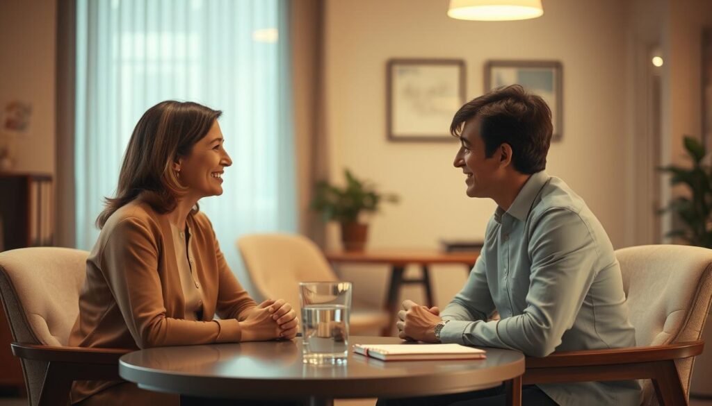 A warm, softly lit office interior, a simple table with a glass of water and a notebook, two individuals sitting across from each other, engaged in a friendly, open discussion. The room exudes an atmosphere of mutual understanding, the subjects' body language conveying a sense of welcoming and attentiveness. Polarized lighting highlights their faces, creating a sense of intimacy and focus. The overall scene suggests a Kennenlerngespräch, a thoughtful exchange between two people seeking to understand one another.