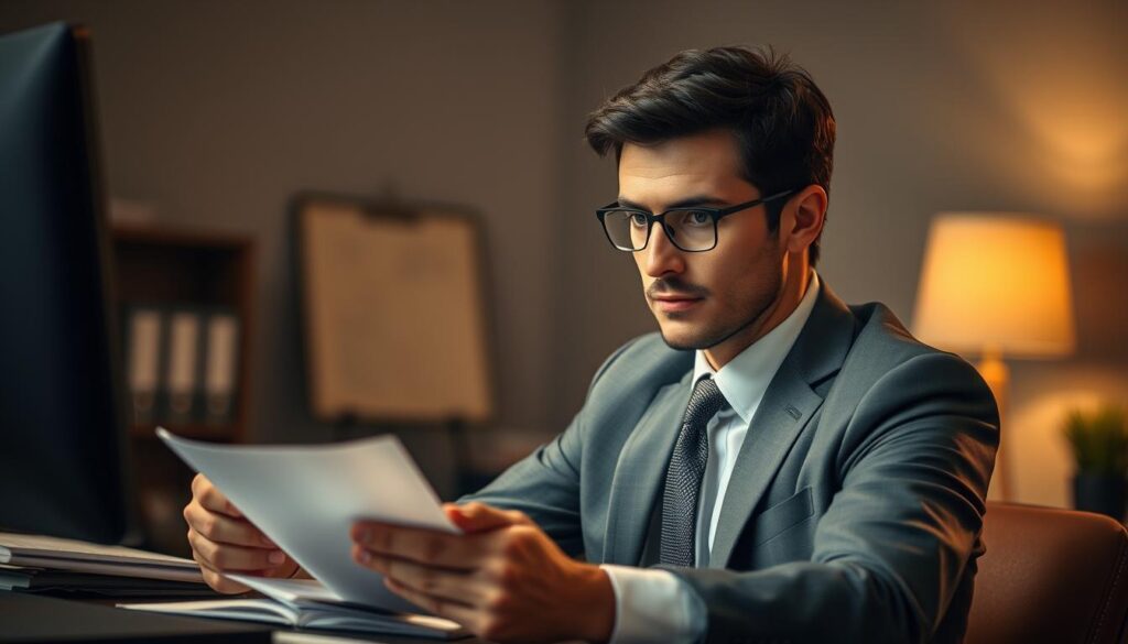 A well-dressed professional, sitting at a desk, intently reviewing documents and notes, preparing for an upcoming internal job interview. The scene is illuminated by warm, focused lighting, creating a sense of concentration and purpose. The background is blurred, drawing the viewer's attention to the subject's face, which exudes a calm, determined expression. The overall atmosphere conveys a sense of diligence and thoughtful preparation, reflecting the importance of this internal interview. A well-dressed professional, sitting at a desk, intently reviewing documents and notes, preparing for an upcoming internal job interview. The scene is illuminated by warm, focused lighting, creating a sense of concentration and purpose. The background is blurred, drawing the viewer's attention to the subject's face, which exudes a calm, determined expression. The overall atmosphere conveys a sense of diligence and thoughtful preparation, reflecting the importance of this internal interview.