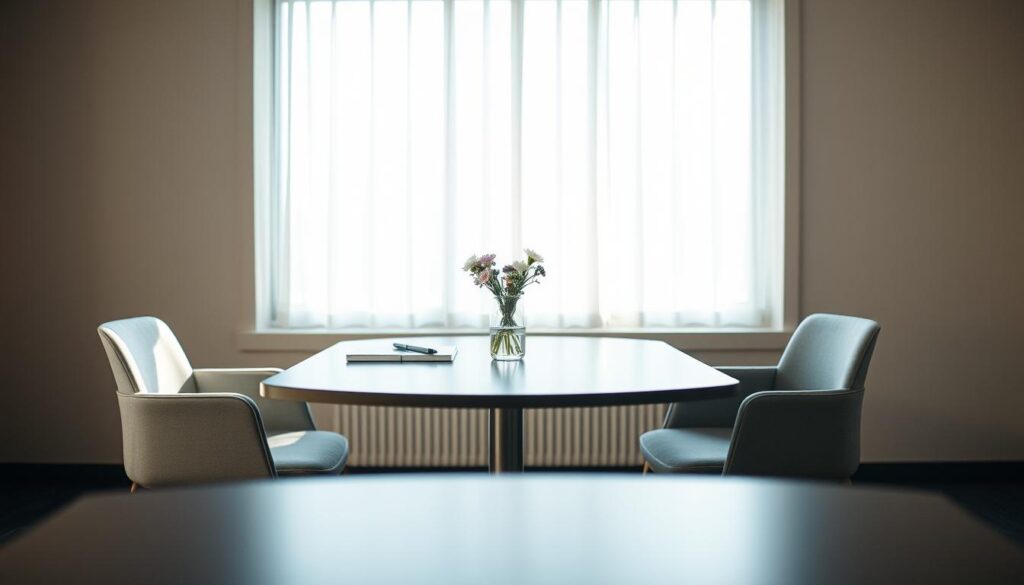 A well-lit, high-resolution photograph of a typical job interview setting. The scene depicts a formal meeting table with two chairs, one on either side, illuminated by soft, diffused lighting from a large window in the background. The table is adorned with a simple vase of flowers, a notebook, and a pen, creating a professional yet welcoming atmosphere. The walls in the background are a neutral tone, allowing the subjects to be the focal point. The image has a shallow depth of field, keeping the foreground in sharp focus while gently blurring the background, emphasizing the intimate nature of the "Dauer Kennenlerngespräch" (duration of the getting-to-know-you interview).
