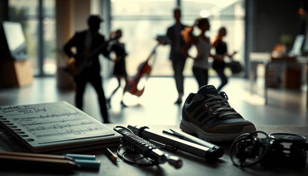 A well-lit, meticulously detailed scene showcasing the interconnection between hobbies and soft skills. In the foreground, various hobby items - a sketchpad, a musical instrument, a pair of running shoes - symbolize personal passions. In the middle ground, silhouetted figures engaged in these hobbies, their bodies and poses conveying skills like creativity, teamwork, and perseverance. The background features a blurred professional setting, hinting at how these soft skills can translate to the workplace. The overall composition emphasizes the harmony between personal interests and professional competencies, captured with a crisp, polarized lens for maximum visual impact. A well-lit, meticulously detailed scene showcasing the interconnection between hobbies and soft skills. In the foreground, various hobby items - a sketchpad, a musical instrument, a pair of running shoes - symbolize personal passions. In the middle ground, silhouetted figures engaged in these hobbies, their bodies and poses conveying skills like creativity, teamwork, and perseverance. The background features a blurred professional setting, hinting at how these soft skills can translate to the workplace. The overall composition emphasizes the harmony between personal interests and professional competencies, captured with a crisp, polarized lens for maximum visual impact.