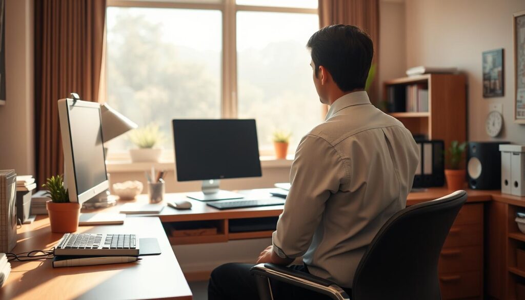 A well-organized office space with a neatly arranged desk, a sleek desktop computer, and a potted plant adding a touch of greenery. Sunlight streams in through a large window, casting a warm, natural glow over the scene. The protagonist, dressed in a crisp button-down shirt and pressed slacks, sits at the desk, their face turned away from the camera, conveying a sense of anticipation and focus as they prepare for their first day on the job. The overall atmosphere is one of professionalism, productivity, and a sense of new beginnings. A well-organized office space with a neatly arranged desk, a sleek desktop computer, and a potted plant adding a touch of greenery. Sunlight streams in through a large window, casting a warm, natural glow over the scene. The protagonist, dressed in a crisp button-down shirt and pressed slacks, sits at the desk, their face turned away from the camera, conveying a sense of anticipation and focus as they prepare for their first day on the job. The overall atmosphere is one of professionalism, productivity, and a sense of new beginnings.