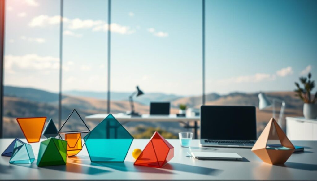Detailed and visually striking image showcasing the concept of "Zieldefinition und Synergien". In the foreground, a collection of colorful geometric shapes and forms, each representing a distinct goal or objective. These shapes are arranged in a harmonious and interconnected manner, suggesting the synergies and complementary nature of the goals. The middle ground features a sleek, minimalist workspace, with a desk, laptop, and various office supplies, alluding to the collaborative environment where these goals are defined and pursued. In the background, a serene, natural landscape with rolling hills and a vibrant blue sky, symbolizing the broader context and vision within which these goals are situated. The overall composition conveys a sense of balance, clarity, and the potential for productive teamwork. Shot on a Sony A7R IV with a 70mm lens, utilizing a polarized filter to enhance the visual depth and contrast. Detailed and visually striking image showcasing the concept of "Zieldefinition und Synergien". In the foreground, a collection of colorful geometric shapes and forms, each representing a distinct goal or objective. These shapes are arranged in a harmonious and interconnected manner, suggesting the synergies and complementary nature of the goals. The middle ground features a sleek, minimalist workspace, with a desk, laptop, and various office supplies, alluding to the collaborative environment where these goals are defined and pursued. In the background, a serene, natural landscape with rolling hills and a vibrant blue sky, symbolizing the broader context and vision within which these goals are situated. The overall composition conveys a sense of balance, clarity, and the potential for productive teamwork. Shot on a Sony A7R IV with a 70mm lens, utilizing a polarized filter to enhance the visual depth and contrast.