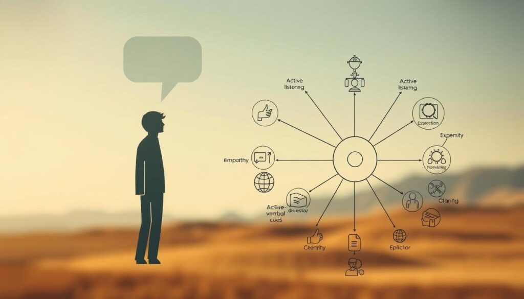 Detailed diagram showcasing the core elements of effective communication skills. In the foreground, an abstract human figure with speech bubbles emerging from its head, representing the interactive nature of communication. The middle ground features a collection of interconnected icons and symbols, illustrating the various facets of communication such as active listening, empathy, nonverbal cues, and clarity of expression. The background subtly depicts a serene, minimalist landscape, suggesting the importance of context and environment in successful communication. Captured with a Sony A7R IV camera at 70mm, the image is sharply defined, with a polarized filter enhancing the contrast and depth of the visual elements. Detailed diagram showcasing the core elements of effective communication skills. In the foreground, an abstract human figure with speech bubbles emerging from its head, representing the interactive nature of communication. The middle ground features a collection of interconnected icons and symbols, illustrating the various facets of communication such as active listening, empathy, nonverbal cues, and clarity of expression. The background subtly depicts a serene, minimalist landscape, suggesting the importance of context and environment in successful communication. Captured with a Sony A7R IV camera at 70mm, the image is sharply defined, with a polarized filter enhancing the contrast and depth of the visual elements.