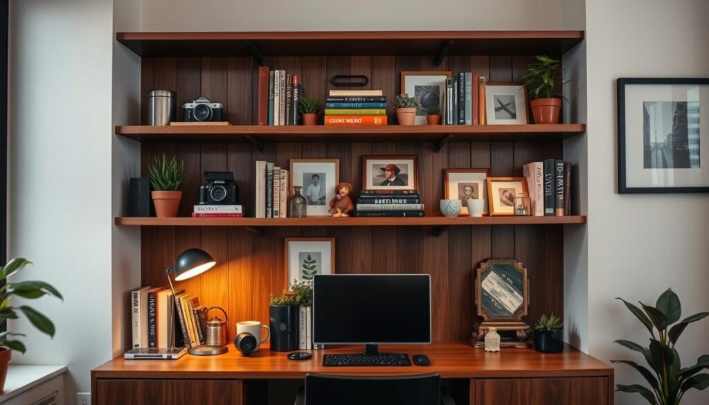 Elegant home office with curated hobby display. Carefully selected items arranged on sleek wooden shelves, showcasing a diverse range of interests and passions. Vintage camera, classic books, artisanal crafts, and potted plants create a refined, thoughtful atmosphere. Warm, directional lighting highlights the carefully curated collection, shot on a Sony A7R IV with a 70mm lens and polarized filter for a crisp, focused look. The overall scene exudes an air of intentionality, inviting the viewer to imagine the owner's multifaceted personality and unique blend of professional and personal pursuits. Elegant home office with curated hobby display. Carefully selected items arranged on sleek wooden shelves, showcasing a diverse range of interests and passions. Vintage camera, classic books, artisanal crafts, and potted plants create a refined, thoughtful atmosphere. Warm, directional lighting highlights the carefully curated collection, shot on a Sony A7R IV with a 70mm lens and polarized filter for a crisp, focused look. The overall scene exudes an air of intentionality, inviting the viewer to imagine the owner's multifaceted personality and unique blend of professional and personal pursuits.