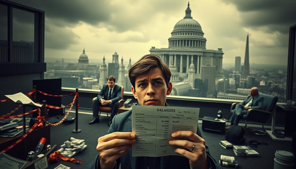 Shot on a Sony A7R IV with a 70mm lens, a detailed scene depicts the key reasons for wage stagnation. In the foreground, a person holding a salary slip looks frustrated, surrounded by obstacles such as a maze of red tape, a glass ceiling, and a heavy burden of debt. In the middle ground, corporate executives sit comfortably, oblivious to the plight of their employees. In the background, a gloomy economic landscape with stagnant growth, automation, and outsourcing looms, casting a shadow over the entire scene. The image is sharply defined, with a polarized filter creating a moody, contemplative atmosphere, inviting the viewer to ponder the systemic factors contributing to the lack of wage increases. Shot on a Sony A7R IV with a 70mm lens, a detailed scene depicts the key reasons for wage stagnation. In the foreground, a person holding a salary slip looks frustrated, surrounded by obstacles such as a maze of red tape, a glass ceiling, and a heavy burden of debt. In the middle ground, corporate executives sit comfortably, oblivious to the plight of their employees. In the background, a gloomy economic landscape with stagnant growth, automation, and outsourcing looms, casting a shadow over the entire scene. The image is sharply defined, with a polarized filter creating a moody, contemplative atmosphere, inviting the viewer to ponder the systemic factors contributing to the lack of wage increases.