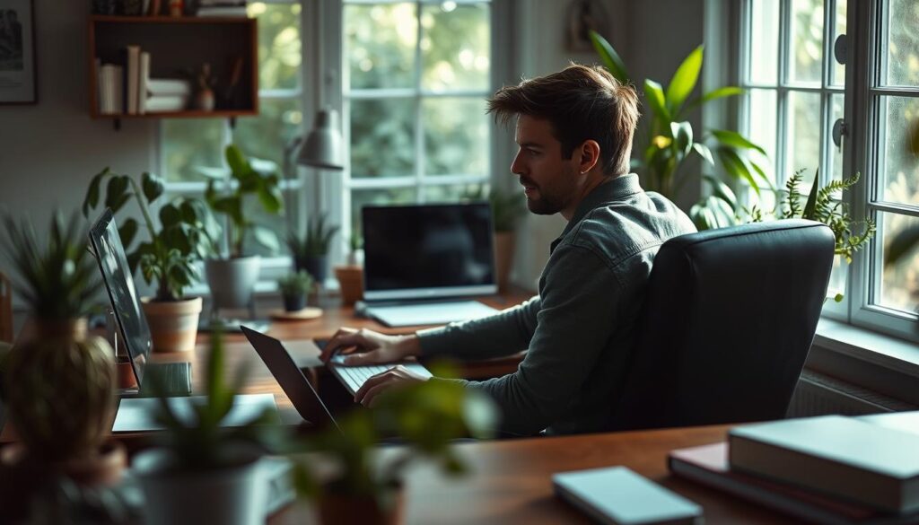 Ursachen Arbeitsmotivation: A tranquil home office scene with a contemplative worker sitting at a wooden desk, surrounded by potted plants and natural lighting filtering through large windows. The space exudes a sense of calm and reflection, inviting the viewer to consider the underlying reasons for waning work motivation. The worker's posture and expression convey a subtle sense of unease, hinting at the complexities behind the loss of enthusiasm for their profession. The image is captured with a Sony A7R IV 70mm lens, using a polarized filter to enhance the natural textures and tones, creating a sharply defined, visually engaging scene. Ursachen Arbeitsmotivation: A tranquil home office scene with a contemplative worker sitting at a wooden desk, surrounded by potted plants and natural lighting filtering through large windows. The space exudes a sense of calm and reflection, inviting the viewer to consider the underlying reasons for waning work motivation. The worker's posture and expression convey a subtle sense of unease, hinting at the complexities behind the loss of enthusiasm for their profession. The image is captured with a Sony A7R IV 70mm lens, using a polarized filter to enhance the natural textures and tones, creating a sharply defined, visually engaging scene.