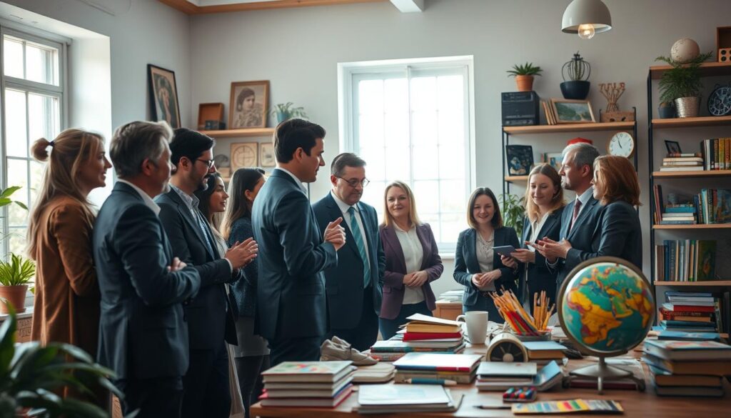 A bright and inspiring indoor setting that fosters curiosity in everyday life. In the foreground, a diverse group of adults, dressed in professional business attire, is engaged in a lively discussion around a table cluttered with colorful books, art supplies, and a globe, symbolizing exploration and learning. The middle ground features a window with natural light streaming in, illuminating the room and creating a warm atmosphere. In the background, shelves filled with intriguing objects like vintage maps, plants, and educational games add depth to the scene. Shot on a Sony A7R IV at 70mm, with a polarized filter for clarity, the image should have a softly blurred background to emphasize the group's interaction. The overall mood should be one of excitement and discovery, inviting viewers to consider how they can cultivate curiosity in their own lives.