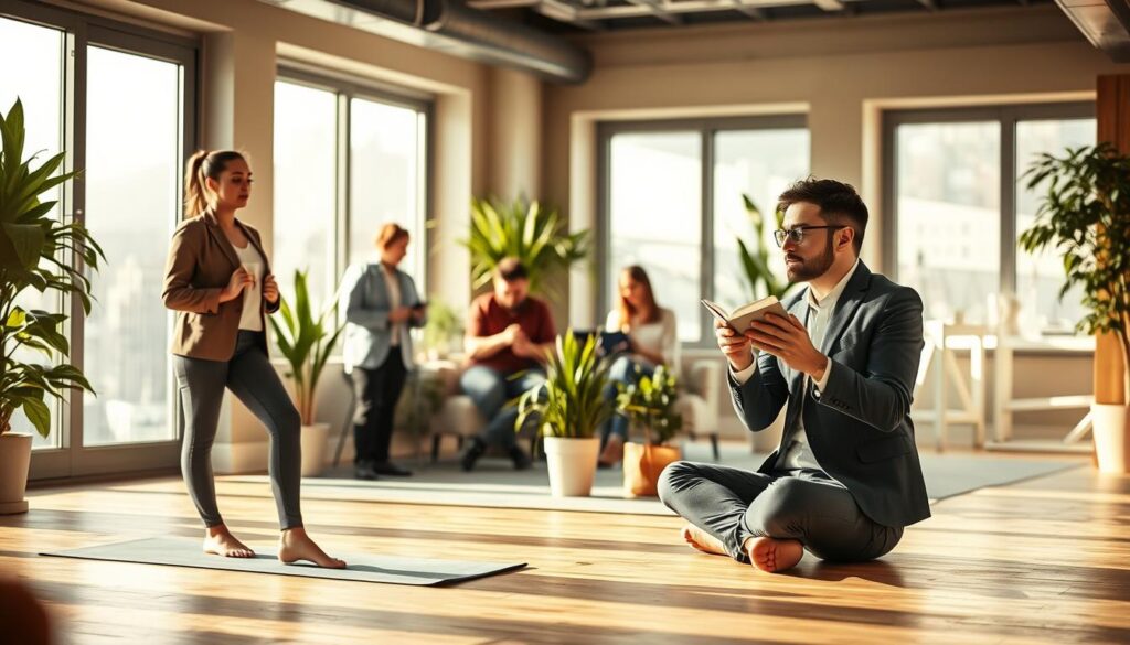 A bright and inviting workplace break area featuring a diverse group of professionals engaging in effective relaxation activities. In the foreground, a woman in smart casual attire is practicing mindfulness on a yoga mat, while a man nearby enjoys a cup of herbal tea, reading a book. The middle ground showcases a collaborative workspace with comfortable seating and plants, where a small group discusses ideas while referencing a notepad. The background includes large windows, allowing warm natural light to illuminate the space, creating a cozy atmosphere. The image is captured with a Sony A7R IV at 70mm, ensuring clear focus and sharp definition, complemented by a polarized filter to enhance the colors and reduce glare. The overall mood is one of tranquility and productivity. A bright and inviting workplace break area featuring a diverse group of professionals engaging in effective relaxation activities. In the foreground, a woman in smart casual attire is practicing mindfulness on a yoga mat, while a man nearby enjoys a cup of herbal tea, reading a book. The middle ground showcases a collaborative workspace with comfortable seating and plants, where a small group discusses ideas while referencing a notepad. The background includes large windows, allowing warm natural light to illuminate the space, creating a cozy atmosphere. The image is captured with a Sony A7R IV at 70mm, ensuring clear focus and sharp definition, complemented by a polarized filter to enhance the colors and reduce glare. The overall mood is one of tranquility and productivity.