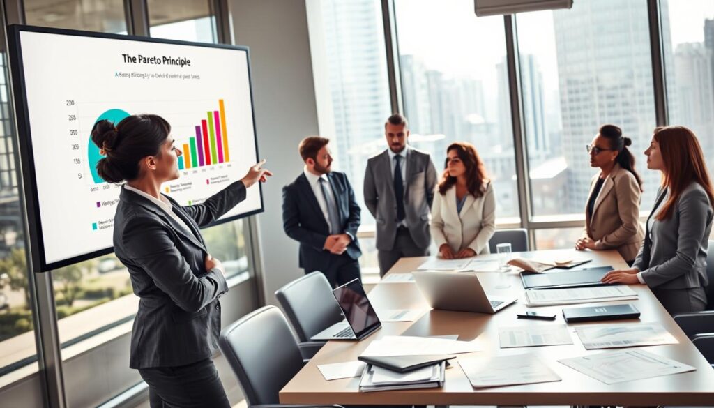 A business meeting scene in a modern office setting, showcasing a diverse group of professionals analyzing data and charts on a large screen. In the foreground, a confident woman in a tailored suit points at a graph illustrating the Pareto Principle, with pie charts and bar graphs in vibrant colors representing efficiency metrics. In the middle, a diverse team of professionals, including men and women of varying ethnicities, discuss strategies over a conference table cluttered with reports and a laptop. The background features large windows with a cityscape view, providing natural sunlight that casts soft shadows, creating a vibrant and energetic atmosphere. Capture this scene with a Sony A7R IV at 70mm, ensuring clear focus and sharp definition, complemented by a polarized filter for enhanced color contrast. A business meeting scene in a modern office setting, showcasing a diverse group of professionals analyzing data and charts on a large screen. In the foreground, a confident woman in a tailored suit points at a graph illustrating the Pareto Principle, with pie charts and bar graphs in vibrant colors representing efficiency metrics. In the middle, a diverse team of professionals, including men and women of varying ethnicities, discuss strategies over a conference table cluttered with reports and a laptop. The background features large windows with a cityscape view, providing natural sunlight that casts soft shadows, creating a vibrant and energetic atmosphere. Capture this scene with a Sony A7R IV at 70mm, ensuring clear focus and sharp definition, complemented by a polarized filter for enhanced color contrast.