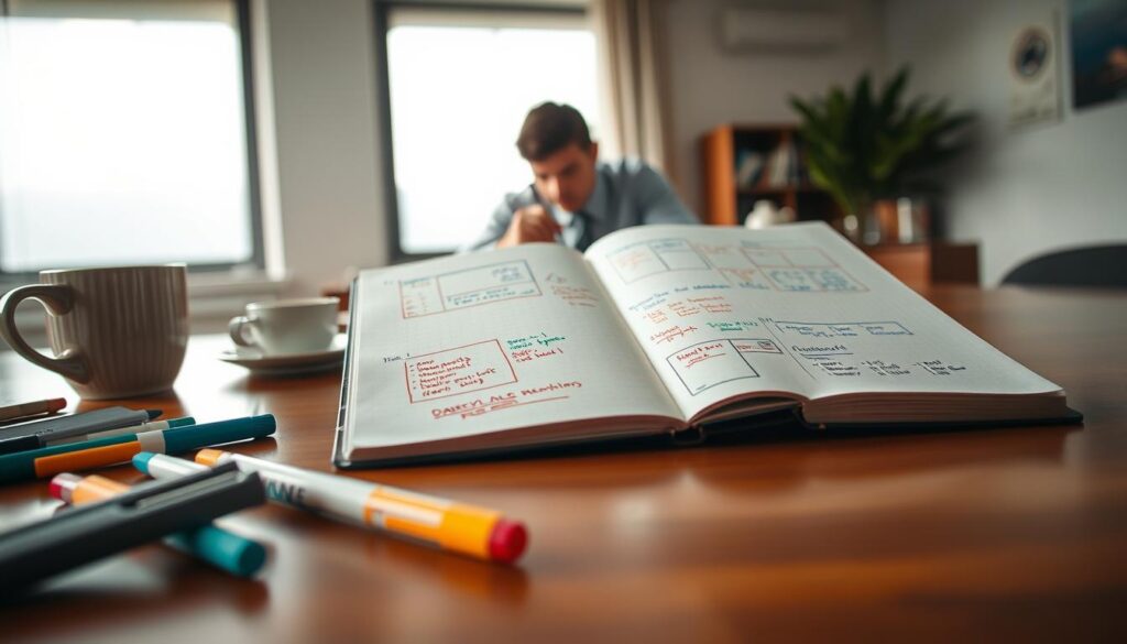 A clean and organized workspace featuring the "Box-Methode" for note-taking. In the foreground, an open notebook with neatly drawn boxes, each filled with colorful sketches and annotations, lies on a polished wooden desk. A set of vibrant markers is scattered around, alongside a coffee cup. In the middle ground, a focused individual in professional attire diligently writes in the notebook, reflecting concentration and creativity. The background showcases a large window with soft, diffused natural light pouring in, enhancing the tranquil atmosphere. The shot is taken with a Sony A7R IV at 70mm, emphasizing sharp details and depth of field that draws attention to the notebook while subtly blurring the surroundings, creating an inspiring and productive mood. A clean and organized workspace featuring the "Box-Methode" for note-taking. In the foreground, an open notebook with neatly drawn boxes, each filled with colorful sketches and annotations, lies on a polished wooden desk. A set of vibrant markers is scattered around, alongside a coffee cup. In the middle ground, a focused individual in professional attire diligently writes in the notebook, reflecting concentration and creativity. The background showcases a large window with soft, diffused natural light pouring in, enhancing the tranquil atmosphere. The shot is taken with a Sony A7R IV at 70mm, emphasizing sharp details and depth of field that draws attention to the notebook while subtly blurring the surroundings, creating an inspiring and productive mood.