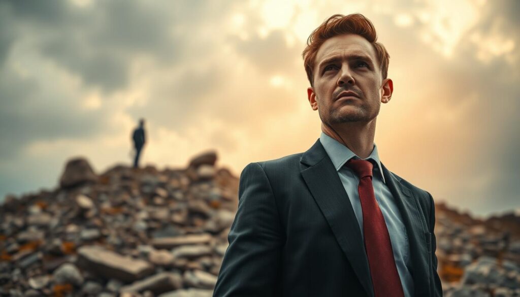 A close-up of a determined individual in professional business attire, standing amidst a challenging landscape symbolizing setbacks, such as a rocky path leading uphill. In the foreground, the person stands tall, gazing ahead with a focused expression, symbolizing resilience. The middle ground features boulders representing obstacles, while a bright light breaks through a cloudy sky in the background, casting rays of hope. The scene is captured with a Sony A7R IV at 70mm, utilizing a polarized filter for enhanced clarity and contrast. The mood is one of perseverance and determination, with a balance of tension and optimism. The lighting highlights the individual's features sharply, emphasizing the theme of overcoming challenges. A close-up of a determined individual in professional business attire, standing amidst a challenging landscape symbolizing setbacks, such as a rocky path leading uphill. In the foreground, the person stands tall, gazing ahead with a focused expression, symbolizing resilience. The middle ground features boulders representing obstacles, while a bright light breaks through a cloudy sky in the background, casting rays of hope. The scene is captured with a Sony A7R IV at 70mm, utilizing a polarized filter for enhanced clarity and contrast. The mood is one of perseverance and determination, with a balance of tension and optimism. The lighting highlights the individual's features sharply, emphasizing the theme of overcoming challenges.