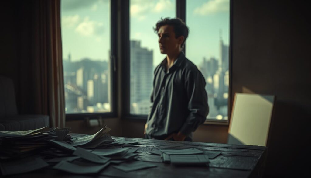 A contemplative individual stands in a dimly lit room, gazing out of a large window. The foreground features a worn wooden desk cluttered with papers symbolizing uncertainty and lost aspirations. The middle ground captures the person, dressed in modest casual attire, their expression a mixture of introspection and subtle hope. The background showcases a blurred cityscape, signifying a world full of possibilities yet out of reach. Soft, diffused lighting, complemented by a warm color palette, enhances the contemplative mood, while the shallow depth of field draws focus on the individual's face. Shot on a Sony A7R IV at 70mm with a polarized filter, ensuring vivid detail and clarity to evoke a sense of both anxiety and potential for renewal. A contemplative individual stands in a dimly lit room, gazing out of a large window. The foreground features a worn wooden desk cluttered with papers symbolizing uncertainty and lost aspirations. The middle ground captures the person, dressed in modest casual attire, their expression a mixture of introspection and subtle hope. The background showcases a blurred cityscape, signifying a world full of possibilities yet out of reach. Soft, diffused lighting, complemented by a warm color palette, enhances the contemplative mood, while the shallow depth of field draws focus on the individual's face. Shot on a Sony A7R IV at 70mm with a polarized filter, ensuring vivid detail and clarity to evoke a sense of both anxiety and potential for renewal.