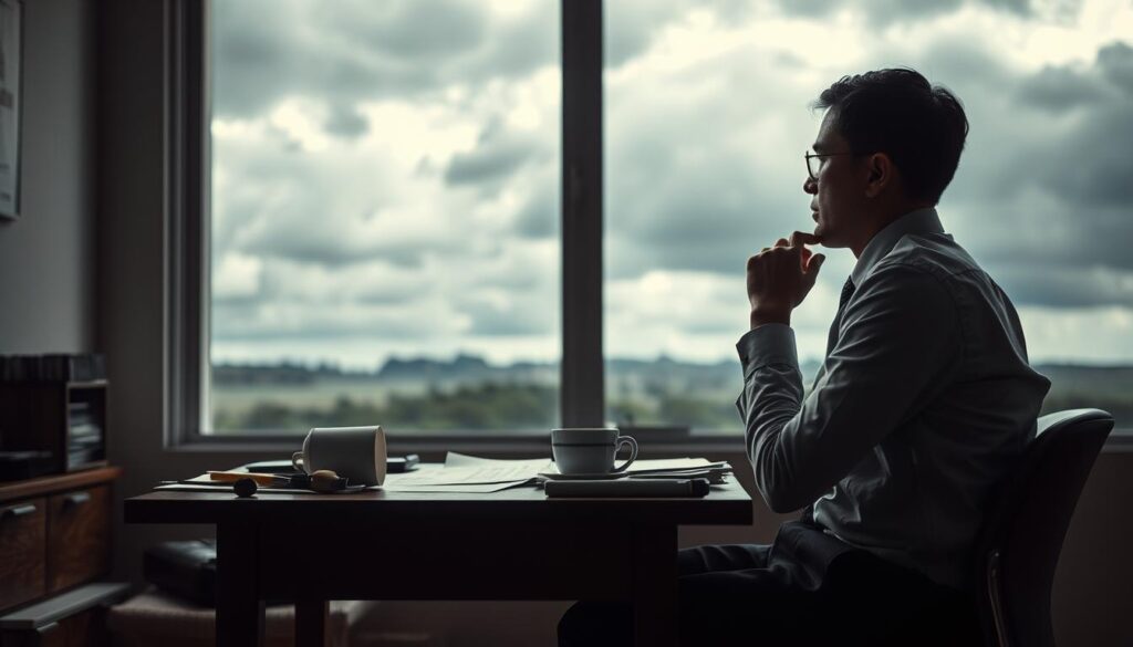 A contemplative scene illustrating the impact of pessimism on quality of life. In the foreground, a thoughtful individual in professional attire sits alone at a desk cluttered with papers and an overturned coffee cup, reflecting a sense of overwhelm. The middle ground features a dimly lit room with muted colors, casting shadows that emphasize the feeling of isolation. In the background, a window reveals a gloomy landscape with dark clouds, symbolizing the weight of pessimism. The lighting is soft and diffused, enhancing the somber atmosphere, captured as if shot on a Sony A7R IV at 70mm, clearly focused and sharply defined, using a polarized filter to enhance the emotional depth. A contemplative scene illustrating the impact of pessimism on quality of life. In the foreground, a thoughtful individual in professional attire sits alone at a desk cluttered with papers and an overturned coffee cup, reflecting a sense of overwhelm. The middle ground features a dimly lit room with muted colors, casting shadows that emphasize the feeling of isolation. In the background, a window reveals a gloomy landscape with dark clouds, symbolizing the weight of pessimism. The lighting is soft and diffused, enhancing the somber atmosphere, captured as if shot on a Sony A7R IV at 70mm, clearly focused and sharply defined, using a polarized filter to enhance the emotional depth.