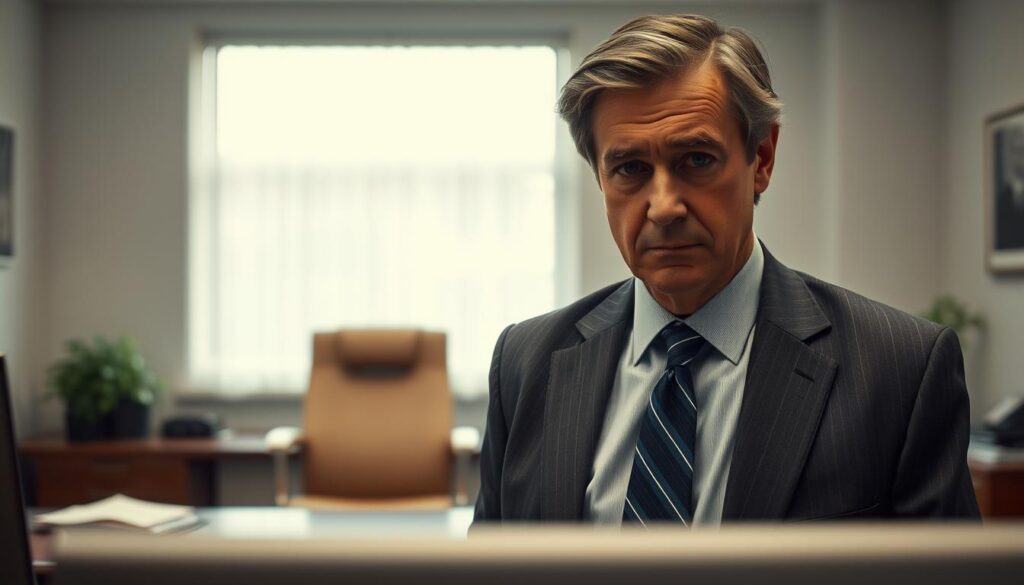 A corporate office environment where an employee, a middle-aged individual in professional business attire, stands at a desk looking dejected. In the foreground, focus on their facial expression, conveying disappointment and lack of recognition. The middle ground features an empty chair across the desk, symbolizing the absence of appreciation from a superior. The background includes a window with soft, diffused natural light pouring in, creating a melancholic atmosphere. Use a shallow depth of field to blur the background subtly, ensuring the subject's emotions are emphasized. Shot on a Sony A7R IV with a 70mm lens, sharply defined and well-composed, employing a polarized filter to enhance the lighting and mood of the scene. A corporate office environment where an employee, a middle-aged individual in professional business attire, stands at a desk looking dejected. In the foreground, focus on their facial expression, conveying disappointment and lack of recognition. The middle ground features an empty chair across the desk, symbolizing the absence of appreciation from a superior. The background includes a window with soft, diffused natural light pouring in, creating a melancholic atmosphere. Use a shallow depth of field to blur the background subtly, ensuring the subject's emotions are emphasized. Shot on a Sony A7R IV with a 70mm lens, sharply defined and well-composed, employing a polarized filter to enhance the lighting and mood of the scene.