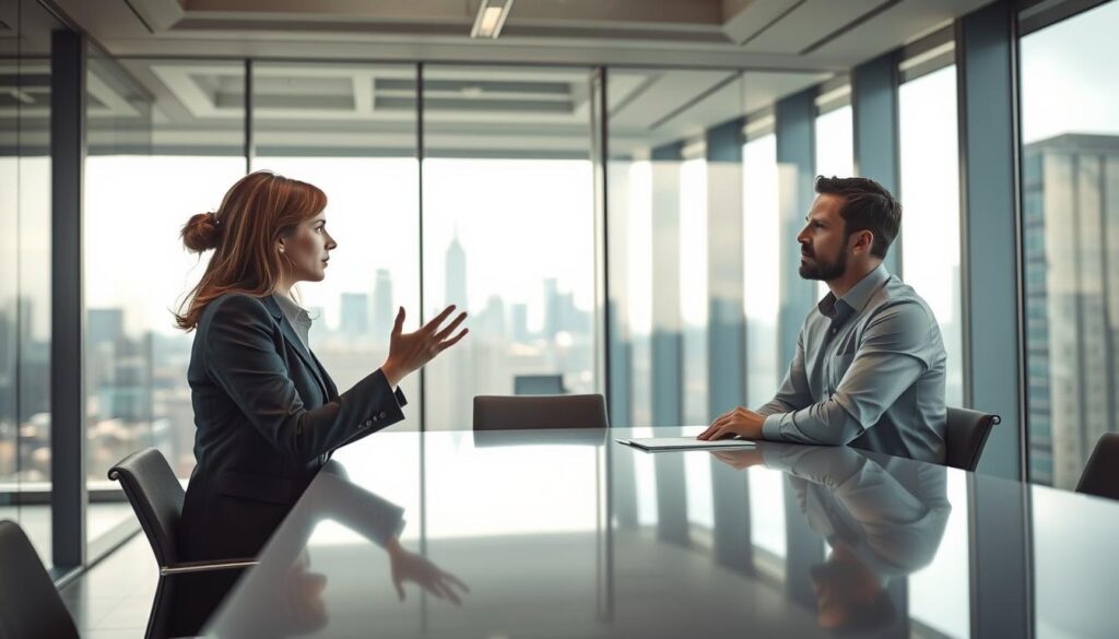 A corporate office environment with two professionals engaged in a serious discussion at a sleek conference table. In the foreground, a businesswoman in a tailored suit gestures passionately, while a businessman in a crisp dress shirt listens intently, reflecting a tense but constructive dialogue. The middle ground features a modern office design with glass walls, showcasing a city skyline in the background, filtered through a polarized lens to enhance colors. Soft, natural lighting pours in from large windows, creating an atmosphere of focus and engagement. The overall mood is dynamic yet professional, illustrating effective communication in a workplace setting. Shot on Sony A7R IV at 70mm, clearly focused and sharply defined, conveying the essence of dialogue and interaction. A corporate office environment with two professionals engaged in a serious discussion at a sleek conference table. In the foreground, a businesswoman in a tailored suit gestures passionately, while a businessman in a crisp dress shirt listens intently, reflecting a tense but constructive dialogue. The middle ground features a modern office design with glass walls, showcasing a city skyline in the background, filtered through a polarized lens to enhance colors. Soft, natural lighting pours in from large windows, creating an atmosphere of focus and engagement. The overall mood is dynamic yet professional, illustrating effective communication in a workplace setting. Shot on Sony A7R IV at 70mm, clearly focused and sharply defined, conveying the essence of dialogue and interaction.
