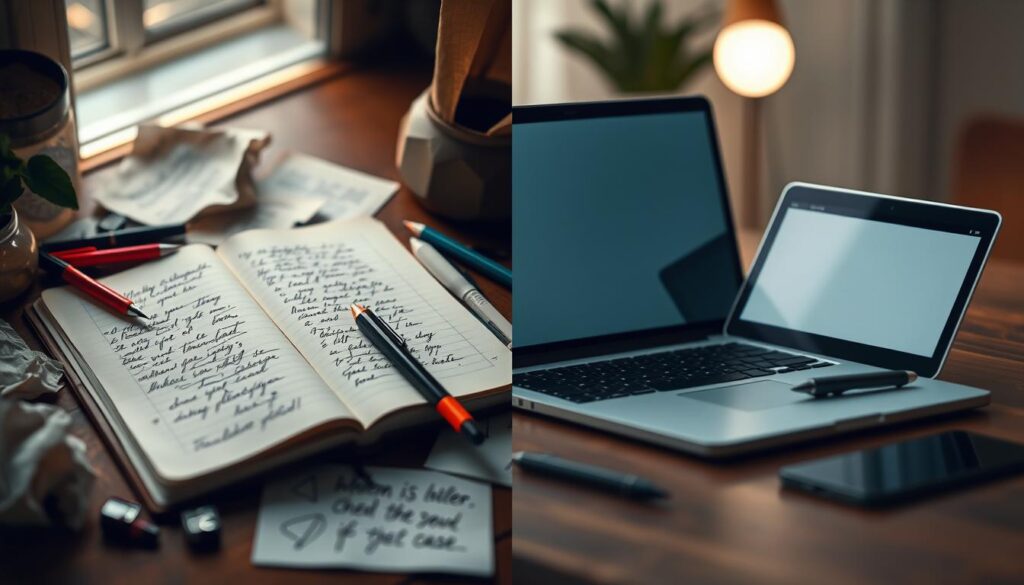A detailed split composition showcasing the contrast between handwritten notes and digital notes. On the left side, an elegantly arranged scene featuring a beautifully written notebook with colorful ink pens, crumpled papers scattered around, and a warm, natural light filtering in from a nearby window. In contrast, the right side presents a sleek, modern laptop with a digital notepad open, accompanied by a high-tech tablet and stylus, illuminated by soft, ambient lighting. The background is softly blurred to keep focus on the objects, enhancing the tactile warmth of the handwritten notes and the cool, pristine feel of digital notes. Shot with a Sony A7R IV at 70mm, capturing fine details with crystal clarity, using a polarized filter for vivid colors. The overall atmosphere is one of contemplation, innovation, and productivity. A detailed split composition showcasing the contrast between handwritten notes and digital notes. On the left side, an elegantly arranged scene featuring a beautifully written notebook with colorful ink pens, crumpled papers scattered around, and a warm, natural light filtering in from a nearby window. In contrast, the right side presents a sleek, modern laptop with a digital notepad open, accompanied by a high-tech tablet and stylus, illuminated by soft, ambient lighting. The background is softly blurred to keep focus on the objects, enhancing the tactile warmth of the handwritten notes and the cool, pristine feel of digital notes. Shot with a Sony A7R IV at 70mm, capturing fine details with crystal clarity, using a polarized filter for vivid colors. The overall atmosphere is one of contemplation, innovation, and productivity.