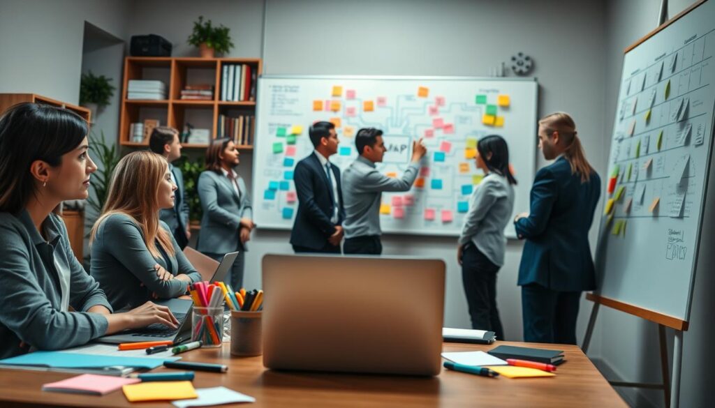 A detailed workspace featuring the Mapping Method for note-taking, showcasing a vibrant mind map on a large whiteboard. In the foreground, a neatly organized desk with colorful sticky notes, markers, and a laptop reflecting focused productivity. In the middle, a diverse group of individuals in professional business attire, engaged in discussion around the desk, with one person pointing at the mind map on the whiteboard. The background includes shelves with books and plants, creating an inviting atmosphere. The lighting is bright and natural, simulating a well-lit office space, shot with a Sony A7R IV at 70mm for clarity and detail, with a polarized filter emphasizing colors. The mood is collaborative and innovative, highlighting effective note-taking techniques. A detailed workspace featuring the Mapping Method for note-taking, showcasing a vibrant mind map on a large whiteboard. In the foreground, a neatly organized desk with colorful sticky notes, markers, and a laptop reflecting focused productivity. In the middle, a diverse group of individuals in professional business attire, engaged in discussion around the desk, with one person pointing at the mind map on the whiteboard. The background includes shelves with books and plants, creating an inviting atmosphere. The lighting is bright and natural, simulating a well-lit office space, shot with a Sony A7R IV at 70mm for clarity and detail, with a polarized filter emphasizing colors. The mood is collaborative and innovative, highlighting effective note-taking techniques.