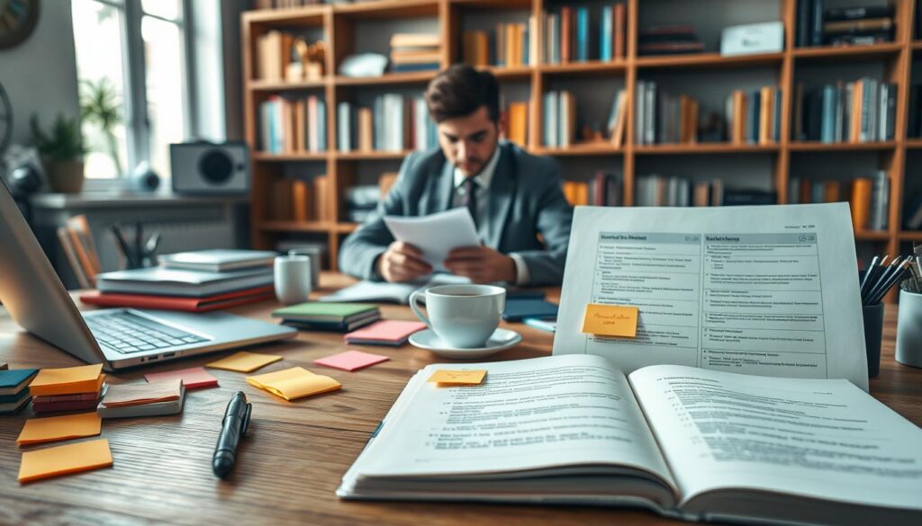 A detailed workspace scene showcasing the "Gliederungsmethode für strukturierte Notizen." In the foreground, a neatly arranged wooden desk adorned with colorful sticky notes, a journal opened to a structured outline, and a sleek laptop. In the middle ground, a cup of coffee sits next to a professional-looking individual in business attire, deeply focused on their notes. The background features shelves filled with books and stationery, softly illuminated by natural light streaming through a window. The atmosphere is calm and productive, hinting at creativity and organization. The image is sharply defined, captured with a Sony A7R IV at 70mm, using a polarized filter to enhance colors and clarity, ensuring a professional and inviting mood. A detailed workspace scene showcasing the "Gliederungsmethode für strukturierte Notizen." In the foreground, a neatly arranged wooden desk adorned with colorful sticky notes, a journal opened to a structured outline, and a sleek laptop. In the middle ground, a cup of coffee sits next to a professional-looking individual in business attire, deeply focused on their notes. The background features shelves filled with books and stationery, softly illuminated by natural light streaming through a window. The atmosphere is calm and productive, hinting at creativity and organization. The image is sharply defined, captured with a Sony A7R IV at 70mm, using a polarized filter to enhance colors and clarity, ensuring a professional and inviting mood.