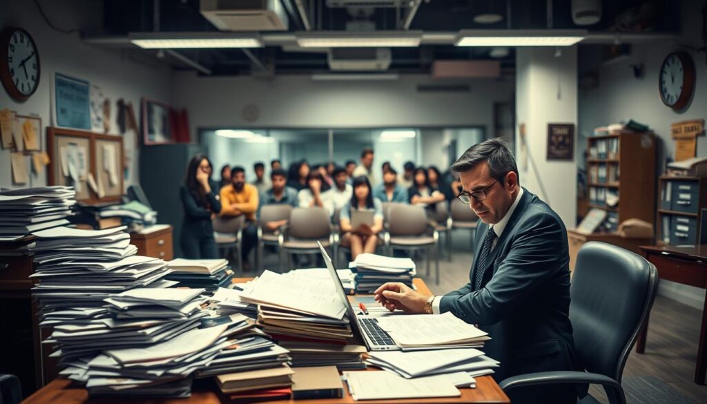 A disorganized job application process depicted in a chaotic office environment. In the foreground, a frustrated job seeker, dressed in professional business attire, is sitting at a cluttered desk covered with piles of disorganized paperwork and unanswered emails on a laptop. In the middle, a group of candidates, ranging from different ethnicities, look confused and frustrated while waiting in a cramped reception area filled with mismatched chairs. The background features a disheveled office with blurred outlines of busy employees, an overflowing file cabinet, and a clock showing the time ticking away. The scene is illuminated with harsh fluorescent lighting, creating a tense atmosphere of frustration and chaos. Captured with a Sony A7R IV at 70mm, ensuring sharp focus and vivid details, with a polarized filter enhancing the clarity of the scene. A disorganized job application process depicted in a chaotic office environment. In the foreground, a frustrated job seeker, dressed in professional business attire, is sitting at a cluttered desk covered with piles of disorganized paperwork and unanswered emails on a laptop. In the middle, a group of candidates, ranging from different ethnicities, look confused and frustrated while waiting in a cramped reception area filled with mismatched chairs. The background features a disheveled office with blurred outlines of busy employees, an overflowing file cabinet, and a clock showing the time ticking away. The scene is illuminated with harsh fluorescent lighting, creating a tense atmosphere of frustration and chaos. Captured with a Sony A7R IV at 70mm, ensuring sharp focus and vivid details, with a polarized filter enhancing the clarity of the scene.