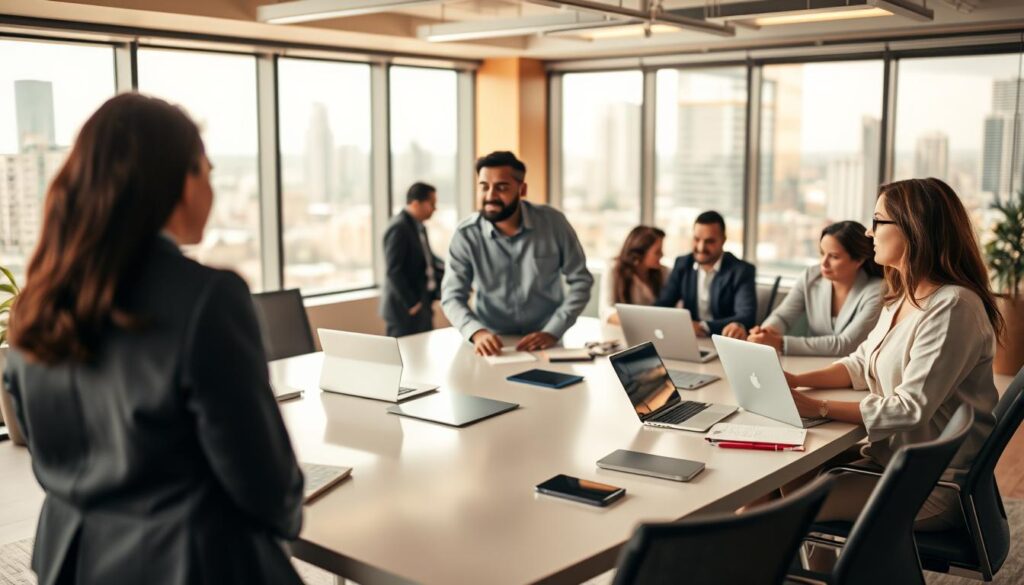 A diverse group of colleagues engaged in a collaborative team meeting in a modern office space. In the foreground, focus on a Black woman in a tailored blazer, a South Asian man in a smart shirt, and a Caucasian woman in a chic blouse, discussing ideas with enthusiasm. The middle ground showcases a diverse team around a sleek conference table, with laptops and notepads scattered about. In the background, large windows let in natural light, revealing a lively cityscape. The office has warm, inviting tones, creating a collaborative atmosphere. Shot on a Sony A7R IV at 70mm, ensuring clear focus and defined details, with a polarized filter enhancing the brightness and clarity of the scene. A diverse group of colleagues engaged in a collaborative team meeting in a modern office space. In the foreground, focus on a Black woman in a tailored blazer, a South Asian man in a smart shirt, and a Caucasian woman in a chic blouse, discussing ideas with enthusiasm. The middle ground showcases a diverse team around a sleek conference table, with laptops and notepads scattered about. In the background, large windows let in natural light, revealing a lively cityscape. The office has warm, inviting tones, creating a collaborative atmosphere. Shot on a Sony A7R IV at 70mm, ensuring clear focus and defined details, with a polarized filter enhancing the brightness and clarity of the scene.