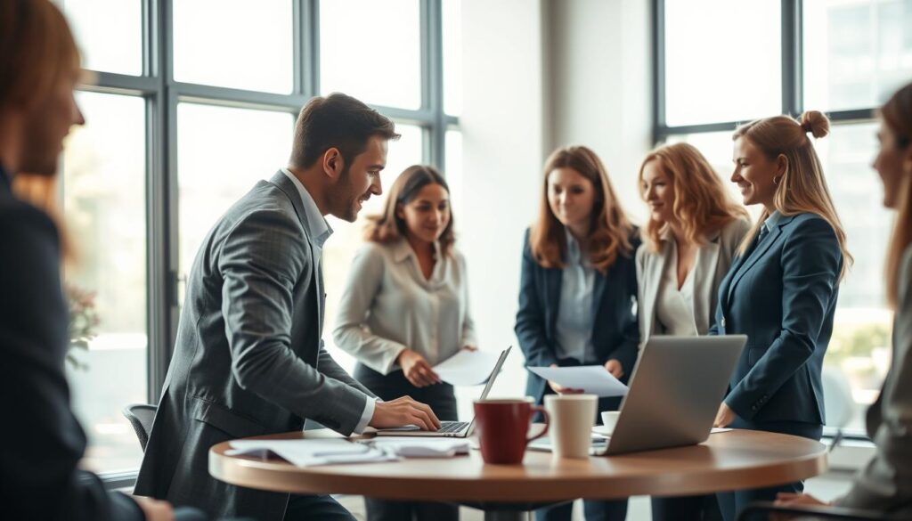 A diverse group of professionals engaged in a dynamic and constructive conversation in a modern office environment. In the foreground, two individuals, one male and one female, wearing professional attire, lean towards each other with thoughtful expressions, highlighting the importance of communication. The middle ground features a round table with documents, laptops, and coffee cups, symbolizing collaboration. The background shows large windows allowing natural sunlight to flood the room, creating a warm and inviting atmosphere. The camera angle is slightly tilted downwards to focus on the engaging scene, with a softly blurred depth of field to draw attention to the subjects. Shot on Sony A7R IV 70mm, the image is sharply defined and clean, with a polarized filter enhancing the brightness and contrast. A diverse group of professionals engaged in a dynamic and constructive conversation in a modern office environment. In the foreground, two individuals, one male and one female, wearing professional attire, lean towards each other with thoughtful expressions, highlighting the importance of communication. The middle ground features a round table with documents, laptops, and coffee cups, symbolizing collaboration. The background shows large windows allowing natural sunlight to flood the room, creating a warm and inviting atmosphere. The camera angle is slightly tilted downwards to focus on the engaging scene, with a softly blurred depth of field to draw attention to the subjects. Shot on Sony A7R IV 70mm, the image is sharply defined and clean, with a polarized filter enhancing the brightness and contrast.
