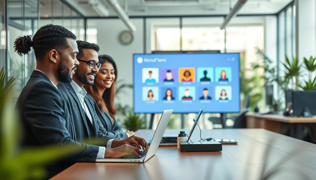 A dynamic office setting showcasing the advantages of Microsoft Teams for businesses. In the foreground, a diverse group of three professionals, dressed in smart business attire, engage in an animated virtual meeting on a laptop. Their expressions reflect collaboration and focus. In the middle ground, a large screen displays colorful icons representing various features of Microsoft Teams such as chat, video calls, and file sharing. The background features a modern office with glass walls, greenery, and high-tech equipment, creating a vibrant and inviting atmosphere. Soft, natural lighting streams in through the windows, enhancing the professionalism of the scene. Captured with a Sony A7R IV at 70mm, delivering a clear, sharply defined image, showcasing the essence of teamwork and innovation.