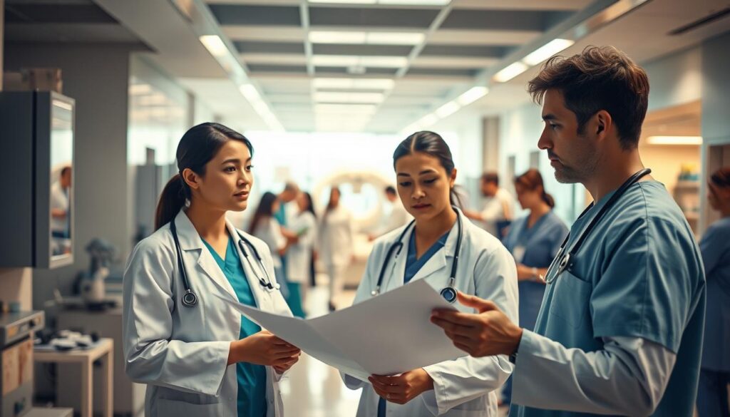 A dynamic scene illustrating career opportunities in the healthcare sector, featuring a diverse group of medical professionals in a modern hospital setting. In the foreground, a female doctor in a white coat and a male nurse in scrubs discuss a patient’s chart, both focused and engaged. In the middle ground, other healthcare workers, including a pharmacist and a radiologist, collaborate around advanced medical equipment. The background reveals a well-lit, bustling hospital environment, with patients and families in a welcoming reception area. Soft, natural lighting enhances the atmosphere of professionalism and teamwork. The image is captured with a Sony A7R IV at 70mm, showcasing clear, sharp details with a polarized filter that enriches colors and contrasts. The overall mood reflects optimism and diversity in medical careers, highlighting the multitude of specializations available in healthcare. A dynamic scene illustrating career opportunities in the healthcare sector, featuring a diverse group of medical professionals in a modern hospital setting. In the foreground, a female doctor in a white coat and a male nurse in scrubs discuss a patient’s chart, both focused and engaged. In the middle ground, other healthcare workers, including a pharmacist and a radiologist, collaborate around advanced medical equipment. The background reveals a well-lit, bustling hospital environment, with patients and families in a welcoming reception area. Soft, natural lighting enhances the atmosphere of professionalism and teamwork. The image is captured with a Sony A7R IV at 70mm, showcasing clear, sharp details with a polarized filter that enriches colors and contrasts. The overall mood reflects optimism and diversity in medical careers, highlighting the multitude of specializations available in healthcare.