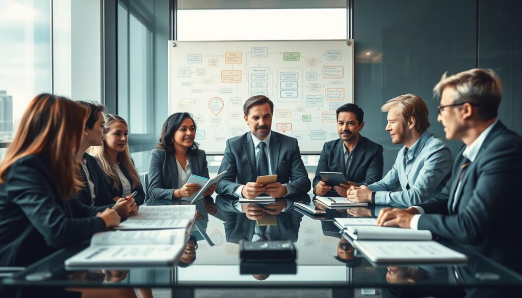A focused depiction of the concept of logical thinking. In the foreground, a diverse group of professionals, dressed in business attire, are engaged in a brainstorming session around a modern glass table, with open notebooks and digital devices displaying graphs and flowcharts. In the middle ground, a whiteboard is filled with colorful mind maps and diagrams illustrating logical processes. The background features a large window with a cityscape view, allowing soft, natural light to illuminate the scene, creating an atmosphere of collaboration and innovation. The image is shot on a Sony A7R IV at 70mm, with a polarized filter for clarity and vibrant colors, emphasizing the importance of logical thinking in professional environments.