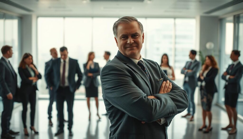 A focused office scene featuring a narcissistic boss in a modern corporate environment. In the foreground, a middle-aged man in a tailored suit stands confidently with a smirk, arms crossed, exuding an air of arrogance. His posture is dominating, casting a long shadow. In the middle ground, several employees in professional attire appear uneasy, exchanging worried glances and whispering among themselves, creating a sense of tension. The background showcases a sleek office with large windows, allowing natural light to illuminate the space, enhanced by a polarized filter to highlight sharp details. The mood is tense yet subtle, emphasizing the emotional strain of dealing with a narcissistic leader. Shot with a Sony A7R IV at 70mm, capturing clear focus and richly defined textures. A focused office scene featuring a narcissistic boss in a modern corporate environment. In the foreground, a middle-aged man in a tailored suit stands confidently with a smirk, arms crossed, exuding an air of arrogance. His posture is dominating, casting a long shadow. In the middle ground, several employees in professional attire appear uneasy, exchanging worried glances and whispering among themselves, creating a sense of tension. The background showcases a sleek office with large windows, allowing natural light to illuminate the space, enhanced by a polarized filter to highlight sharp details. The mood is tense yet subtle, emphasizing the emotional strain of dealing with a narcissistic leader. Shot with a Sony A7R IV at 70mm, capturing clear focus and richly defined textures.