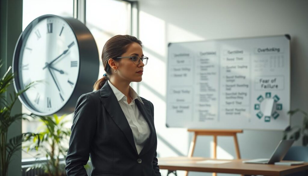 A focused scene illustrating the concept of "recognizing perfectionism." In the foreground, a professional woman in business attire stands thoughtfully beside a large clock, symbolizing time management and deadlines, looking introspective. In the middle ground, a whiteboard filled with notes and diagrams displays various traits of perfectionism, such as "overthinking" and "fear of failure." The background features a serene office environment with soft, natural lighting filtering through large windows, casting gentle shadows. Deep greens and warm tones create a calming mood, hinting at self-awareness and reflection. Shot on a Sony A7R IV at 70mm, with a sharply defined focus, capturing intricate details for clarity, using a polarized filter to enhance colors and texture.