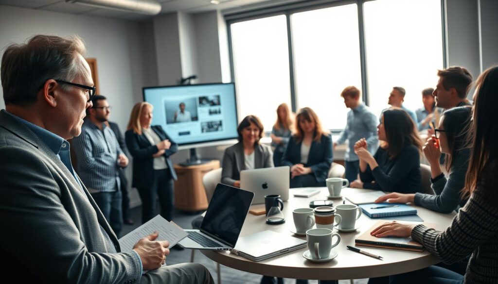 A modern classroom setting filled with diverse adult learners actively engaged in professional development. In the foreground, a middle-aged man in business attire takes notes, while a woman in smart casual wear presents a digital slide on a projector. The middle ground features a round table with laptops, books, and coffee cups, where a group discusses ideas enthusiastically. The background shows a large window letting in soft, natural light, enhancing the warm and inviting atmosphere. The scene is framed with a slightly blurred effect to emphasize the interaction among participants. Shot on a Sony A7R IV at 70mm, with a sharply defined focus and a polarized filter, the image conveys a sense of motivation and collaborative learning. A modern classroom setting filled with diverse adult learners actively engaged in professional development. In the foreground, a middle-aged man in business attire takes notes, while a woman in smart casual wear presents a digital slide on a projector. The middle ground features a round table with laptops, books, and coffee cups, where a group discusses ideas enthusiastically. The background shows a large window letting in soft, natural light, enhancing the warm and inviting atmosphere. The scene is framed with a slightly blurred effect to emphasize the interaction among participants. Shot on a Sony A7R IV at 70mm, with a sharply defined focus and a polarized filter, the image conveys a sense of motivation and collaborative learning.