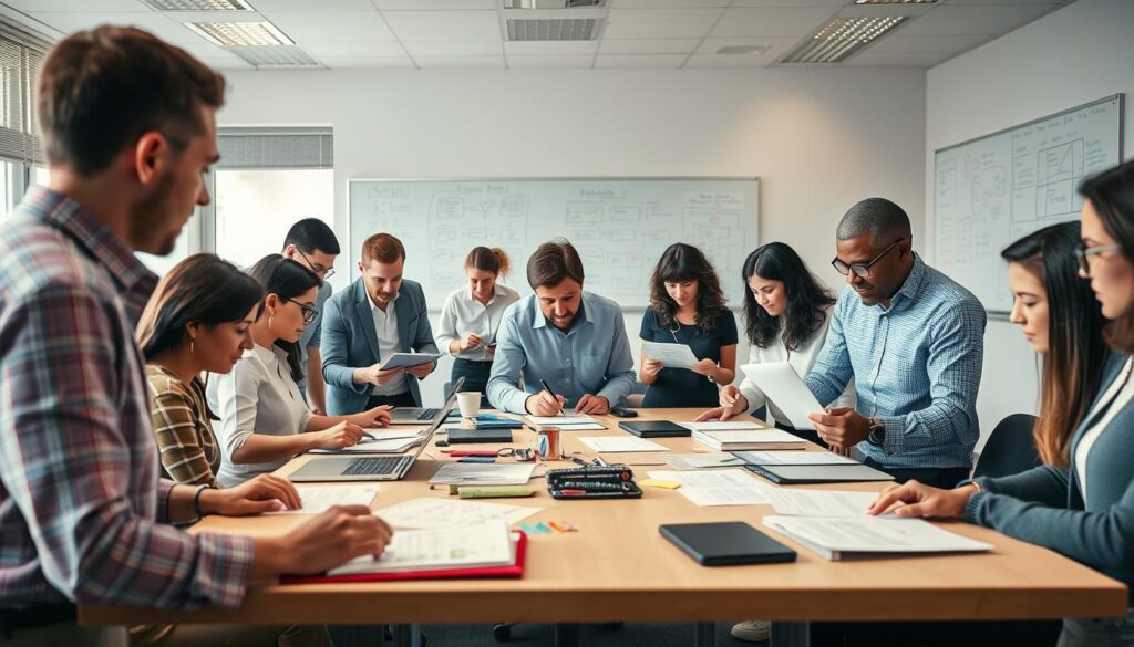 A modern classroom setting filled with engaged adult learners participating in practical exercises designed to enhance their methodological competencies. In the foreground, a diverse group of individuals, men and women in professional attire, are interacting with various hands-on materials and tools. The middle ground shows a large table covered with worksheets, laptops, and learning resources. The background features a whiteboard filled with diagrams and strategies, with windows allowing soft natural light to illuminate the room, creating a warm and inviting atmosphere. Shot on a Sony A7R IV at 70mm, the focus is clear and sharply defined, enhancing the details of the scene while a polarized filter adds vibrancy to the colors, reflecting a sense of collaboration and growth. A modern classroom setting filled with engaged adult learners participating in practical exercises designed to enhance their methodological competencies. In the foreground, a diverse group of individuals, men and women in professional attire, are interacting with various hands-on materials and tools. The middle ground shows a large table covered with worksheets, laptops, and learning resources. The background features a whiteboard filled with diagrams and strategies, with windows allowing soft natural light to illuminate the room, creating a warm and inviting atmosphere. Shot on a Sony A7R IV at 70mm, the focus is clear and sharply defined, enhancing the details of the scene while a polarized filter adds vibrancy to the colors, reflecting a sense of collaboration and growth.