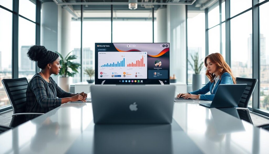 A modern digital workspace featuring a diverse group of professionals engaged in an interactive Microsoft Teams meeting. In the foreground, three individuals—a Black woman, a South Asian man, and a Caucasian woman—are seated around a sleek conference table, actively discussing with laptops and digital devices open. In the middle ground, a large screen displays a visually appealing Teams interface with graphs and text icons representing meeting functionalities. The background includes a well-lit office space with large windows showcasing a cityscape. Soft, natural light filters through, creating a bright and inviting atmosphere. The shot is captured with a Sony A7R IV at 70mm, ensuring sharp focus and vibrant details, enhanced by a polarized filter for clarity.