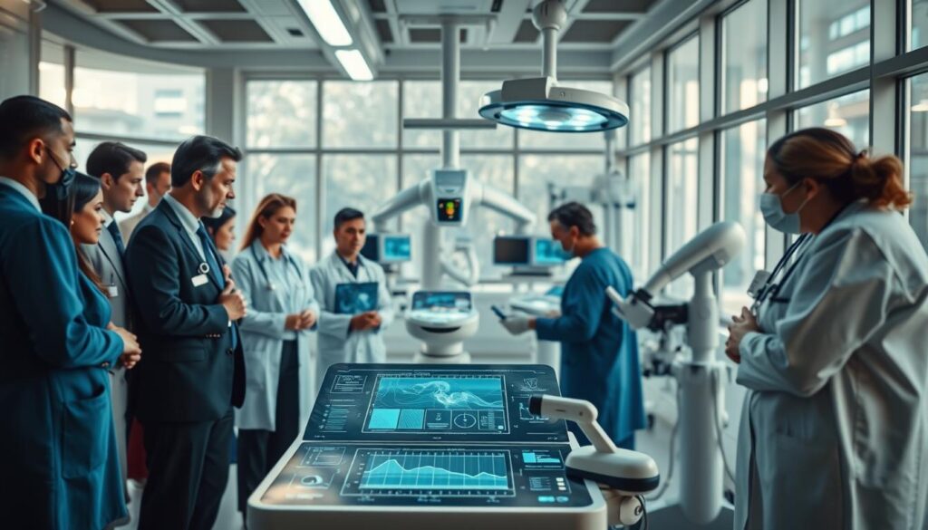 A modern healthcare setting showcasing advanced medical technology. In the foreground, a diverse group of medical professionals, dressed in professional attire, collaborates around a high-tech digital interface displaying patient data. The middle ground features cutting-edge medical devices, like telemedicine tools and robotic surgical equipment, with a bright, sterile ambiance. In the background, large windows allow natural light to flood the space, enhancing the futuristic atmosphere. The scene is shot on a Sony A7R IV with a 70mm lens, emphasizing clarity and detail, and includes a polarized filter to reduce glare. The overall mood is one of innovation, collaboration, and progress in the healthcare field. A modern healthcare setting showcasing advanced medical technology. In the foreground, a diverse group of medical professionals, dressed in professional attire, collaborates around a high-tech digital interface displaying patient data. The middle ground features cutting-edge medical devices, like telemedicine tools and robotic surgical equipment, with a bright, sterile ambiance. In the background, large windows allow natural light to flood the space, enhancing the futuristic atmosphere. The scene is shot on a Sony A7R IV with a 70mm lens, emphasizing clarity and detail, and includes a polarized filter to reduce glare. The overall mood is one of innovation, collaboration, and progress in the healthcare field.