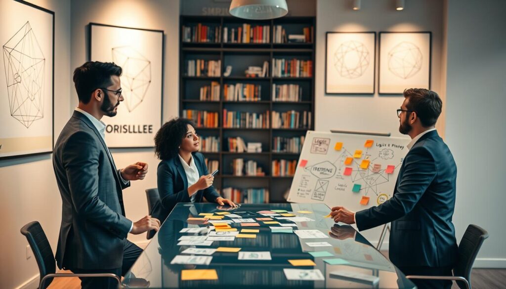 A modern office environment, emphasizing logical thinking and problem-solving. In the foreground, a diverse group of three professionals (two men and one woman) engaged in a brainstorming session around a sleek glass table, each dressed in smart business attire. They are using colorful sticky notes and drawing flowcharts on a large whiteboard filled with diagrams and ideas. In the middle ground, motivational posters on the walls feature abstract geometric designs, representing logic and strategy. The background shows shelves filled with books on logic and philosophy, bathed in soft, warm lighting, creating an inviting and inspiring atmosphere. Captured with a Sony A7R IV at 70mm, this image has a clear focus and sharp detail, enhanced by a polarized filter to enrich colors and contrast.