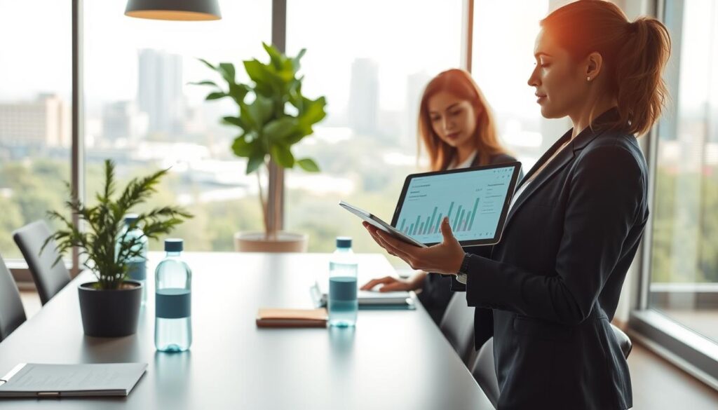 A modern office environment showcasing resource conservation in a corporate setting. In the foreground, a professional businesswoman in smart attire, examining a digital tablet displaying sustainability metrics. In the middle, a sleek conference table with documents, a potted plant, and reusable water bottles, emphasizing eco-friendly practices. In the background, large windows allow natural light to flood the room, revealing a cityscape with greenery. The atmosphere is bright and optimistic, reflecting efficiency and innovation. Shot on a Sony A7R IV at 70mm, with sharp focus and defined details, utilizing a polarized filter to enhance colors and reduce glare. A modern office environment showcasing resource conservation in a corporate setting. In the foreground, a professional businesswoman in smart attire, examining a digital tablet displaying sustainability metrics. In the middle, a sleek conference table with documents, a potted plant, and reusable water bottles, emphasizing eco-friendly practices. In the background, large windows allow natural light to flood the room, revealing a cityscape with greenery. The atmosphere is bright and optimistic, reflecting efficiency and innovation. Shot on a Sony A7R IV at 70mm, with sharp focus and defined details, utilizing a polarized filter to enhance colors and reduce glare.