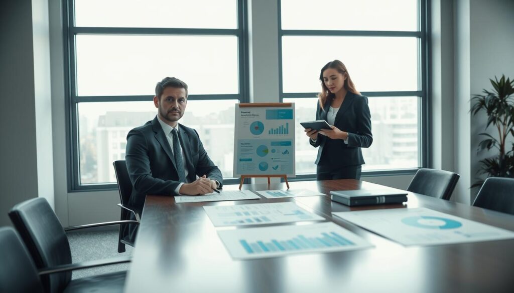 A modern office setting depicting a structured employee performance review. In the foreground, a professional man in a tailored business suit sits at a conference table, ready for discussion, while an engaged woman in business attire observes him, taking notes on her tablet. The middle ground showcases various corporate materials like charts and reports displayed on the table, symbolizing the three key phases of the review process: preparation, feedback, and goal-setting. The background features a large window that allows soft natural light to filter in, enhancing the calm, focused atmosphere. This composition is shot on a Sony A7R IV at 70mm, clearly focused with sharply defined details, accentuated by a polarized filter, creating a professional and serene feeling in the workspace. A modern office setting depicting a structured employee performance review. In the foreground, a professional man in a tailored business suit sits at a conference table, ready for discussion, while an engaged woman in business attire observes him, taking notes on her tablet. The middle ground showcases various corporate materials like charts and reports displayed on the table, symbolizing the three key phases of the review process: preparation, feedback, and goal-setting. The background features a large window that allows soft natural light to filter in, enhancing the calm, focused atmosphere. This composition is shot on a Sony A7R IV at 70mm, clearly focused with sharply defined details, accentuated by a polarized filter, creating a professional and serene feeling in the workspace.