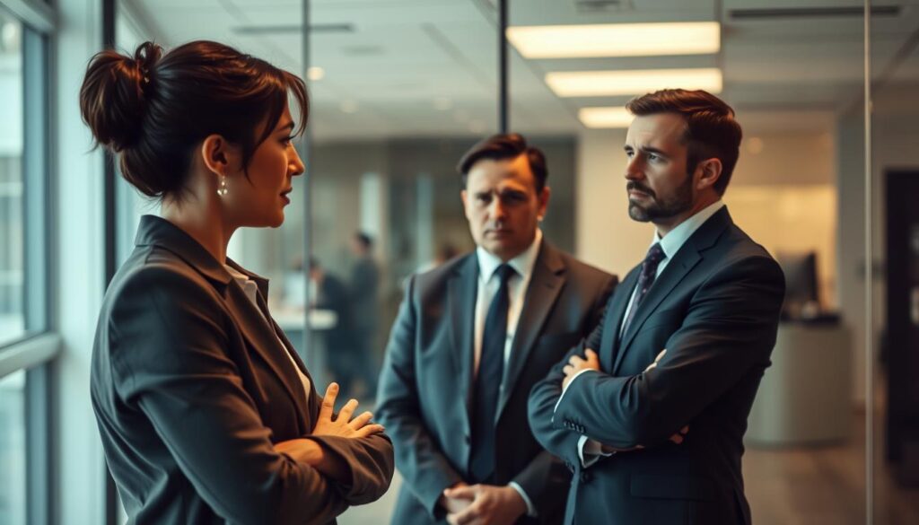 A modern office setting with two colleagues engaged in a serious discussion. In the foreground, a woman in professional attire is expressing concern, her body language indicating frustration. In the middle ground, a man in a suit listens intently, his expression showing a mix of confusion and empathy. The background features a glass wall showcasing a bustling office space, emphasizing transparency yet contrasting the tension in the conversation. The overall atmosphere is tense and somber, illuminated by soft, natural lighting to create a realistic environment. The image should be composed with a sharp focus, taken with a Sony A7R IV at 70mm, utilizing a polarized filter to enhance clarity and depth. A modern office setting with two colleagues engaged in a serious discussion. In the foreground, a woman in professional attire is expressing concern, her body language indicating frustration. In the middle ground, a man in a suit listens intently, his expression showing a mix of confusion and empathy. The background features a glass wall showcasing a bustling office space, emphasizing transparency yet contrasting the tension in the conversation. The overall atmosphere is tense and somber, illuminated by soft, natural lighting to create a realistic environment. The image should be composed with a sharp focus, taken with a Sony A7R IV at 70mm, utilizing a polarized filter to enhance clarity and depth.