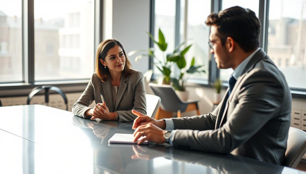 A modern office setting with two professionals engaged in a constructive employee meeting, sitting across from each other at a sleek conference table. The foreground features a male employee, dressed in a smart suit, actively listening and taking notes, while the middle scene shows a female manager in a tailored blazer, presenting feedback on a digital tablet. Natural light streams through large windows, creating a warm and inviting atmosphere, while indoor plants add a touch of greenery in the background. Use a Sony A7R IV at 70mm, ensuring sharp focus on the subjects with fine details defined. The mood is collaborative and supportive, reflecting the importance of performance discussions in professional growth. A modern office setting with two professionals engaged in a constructive employee meeting, sitting across from each other at a sleek conference table. The foreground features a male employee, dressed in a smart suit, actively listening and taking notes, while the middle scene shows a female manager in a tailored blazer, presenting feedback on a digital tablet. Natural light streams through large windows, creating a warm and inviting atmosphere, while indoor plants add a touch of greenery in the background. Use a Sony A7R IV at 70mm, ensuring sharp focus on the subjects with fine details defined. The mood is collaborative and supportive, reflecting the importance of performance discussions in professional growth.