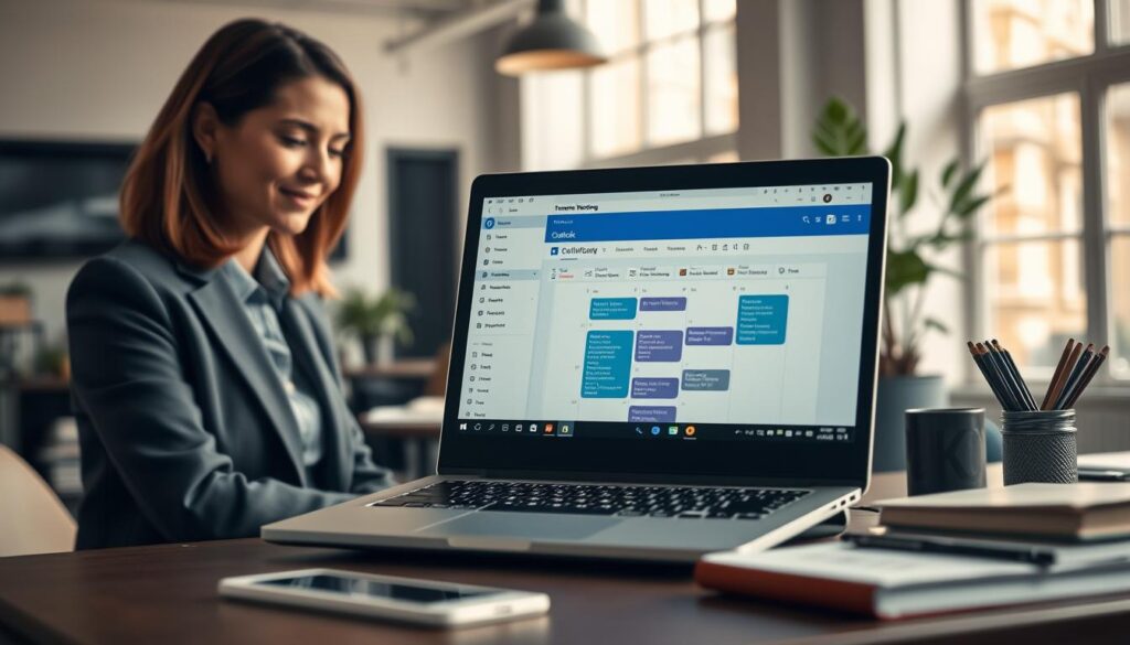 A modern office workspace featuring a laptop open to a Microsoft Outlook calendar displaying a Teams Meeting invite. In the foreground, a professional businesswoman in business attire is focused on the screen, with a slight smile, in a well-lit environment. The middle ground includes a desk cluttered with stationery and a neatly arranged plant, enhancing the professional atmosphere. The background reveals a stylish office with large windows letting in natural light, casting soft shadows. Capture this scene with a Sony A7R IV at 70mm, ensuring a clearly focused and sharply defined image, enhanced by a polarized filter to bring out the colors and details. The mood should be productive and inviting, reflecting a seamless digital experience in remote collaboration.