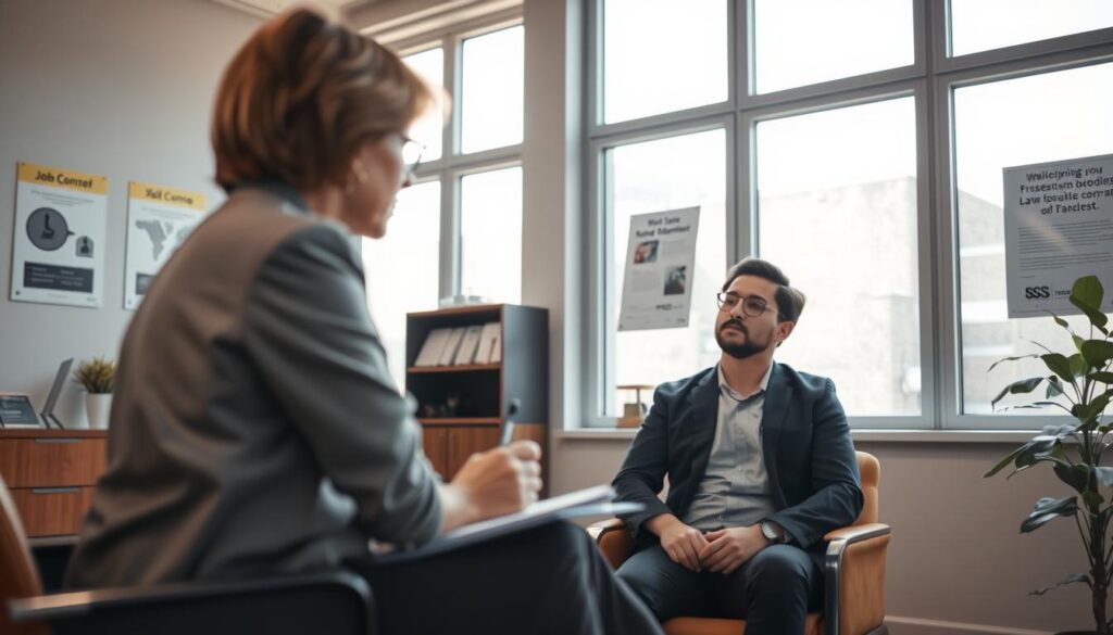 A modern, well-lit office interior showcasing a professional consultation between a job counselor and a client. In the foreground, the job counselor, a middle-aged woman in modest business attire, is seated at a desk, attentively listening and taking notes. The client, a young man dressed in a smart casual outfit, sits across from her, looking hopeful. In the middle ground, a welcoming environment with posters about job opportunities and skill development can be seen on the walls. The background features large windows allowing natural sunlight to brighten the space, casting soft shadows. Shot on a Sony A7R IV at 70mm, the image is sharply defined, with a polarized filter enhancing the clarity and detail, contributing to an atmosphere of support and encouragement in overcoming long-term unemployment. A modern, well-lit office interior showcasing a professional consultation between a job counselor and a client. In the foreground, the job counselor, a middle-aged woman in modest business attire, is seated at a desk, attentively listening and taking notes. The client, a young man dressed in a smart casual outfit, sits across from her, looking hopeful. In the middle ground, a welcoming environment with posters about job opportunities and skill development can be seen on the walls. The background features large windows allowing natural sunlight to brighten the space, casting soft shadows. Shot on a Sony A7R IV at 70mm, the image is sharply defined, with a polarized filter enhancing the clarity and detail, contributing to an atmosphere of support and encouragement in overcoming long-term unemployment.