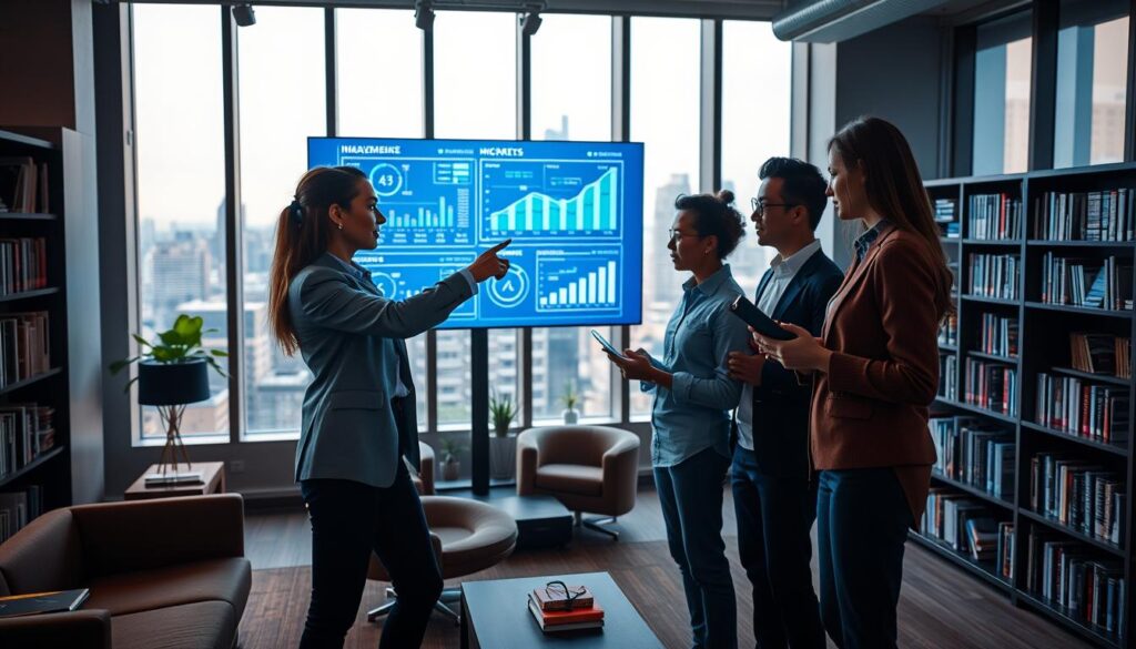 A modern workspace showcasing advanced technology and learning, featuring a diverse group of professionals engaged in a collaborative discussion around a large digital screen displaying data and innovative graphs. In the foreground, a woman in smart casual attire points to the screen, while two colleagues, one male and one female, take notes on tablets, exuding curiosity and teamwork. The middle ground features contemporary furniture and bookshelves filled with tech-related literature. The background shows large windows with a cityscape view, illuminated by soft, natural light, creating an inspiring atmosphere. The scene is shot on a Sony A7R IV with a 70mm lens, ensuring a clear focus and sharp details, enhanced by a polarized filter for vibrant colors.