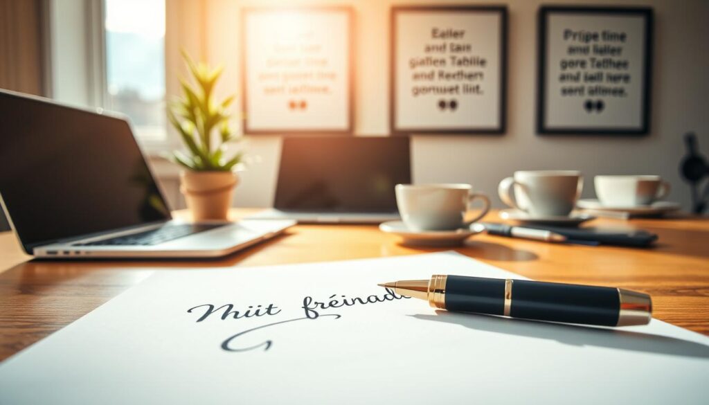 A neatly arranged desk scene showcasing a professional workspace, featuring a stylish pen poised over a high-quality, blank letterhead that reads “Mit freundlichen Grüßen” in elegant script. In the foreground, the pen is sharply defined, reflecting soft, natural light. The middle ground boasts a modern laptop and a cup of coffee, with a beautiful potted plant adding a touch of greenery. In the background, a blurred wall with framed motivational quotes on professionalism subtly enhances the atmosphere. The lighting is warm and inviting, with bright sunlight filtering through a window, creating a calm and focused mood. Shot on a Sony A7R IV at 70mm, use a polarized filter for crisp detail and color vibrancy. A neatly arranged desk scene showcasing a professional workspace, featuring a stylish pen poised over a high-quality, blank letterhead that reads “Mit freundlichen Grüßen” in elegant script. In the foreground, the pen is sharply defined, reflecting soft, natural light. The middle ground boasts a modern laptop and a cup of coffee, with a beautiful potted plant adding a touch of greenery. In the background, a blurred wall with framed motivational quotes on professionalism subtly enhances the atmosphere. The lighting is warm and inviting, with bright sunlight filtering through a window, creating a calm and focused mood. Shot on a Sony A7R IV at 70mm, use a polarized filter for crisp detail and color vibrancy.