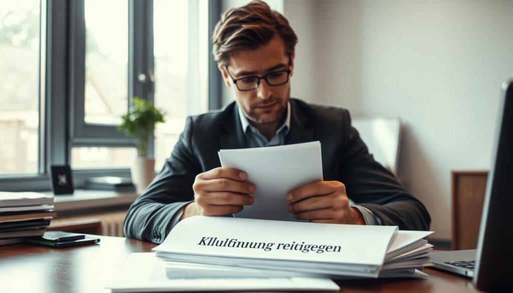 A person sitting at a desk, carefully reviewing a stack of documents labeled "Kündigung zurückziehen". The office is well-lit, with a large window letting in natural light and a polarized filter creating a soft, diffused effect. The individual's expression conveys a sense of determination and focus as they navigate the process of withdrawing their resignation. The background is clean and minimal, allowing the subject to be the central focus of the image. Shot on a Sony A7R IV with a 70mm lens, the image is sharply defined and clearly focused, capturing the gravity and significance of the task at hand. A person sitting at a desk, carefully reviewing a stack of documents labeled "Kündigung zurückziehen". The office is well-lit, with a large window letting in natural light and a polarized filter creating a soft, diffused effect. The individual's expression conveys a sense of determination and focus as they navigate the process of withdrawing their resignation. The background is clean and minimal, allowing the subject to be the central focus of the image. Shot on a Sony A7R IV with a 70mm lens, the image is sharply defined and clearly focused, capturing the gravity and significance of the task at hand.