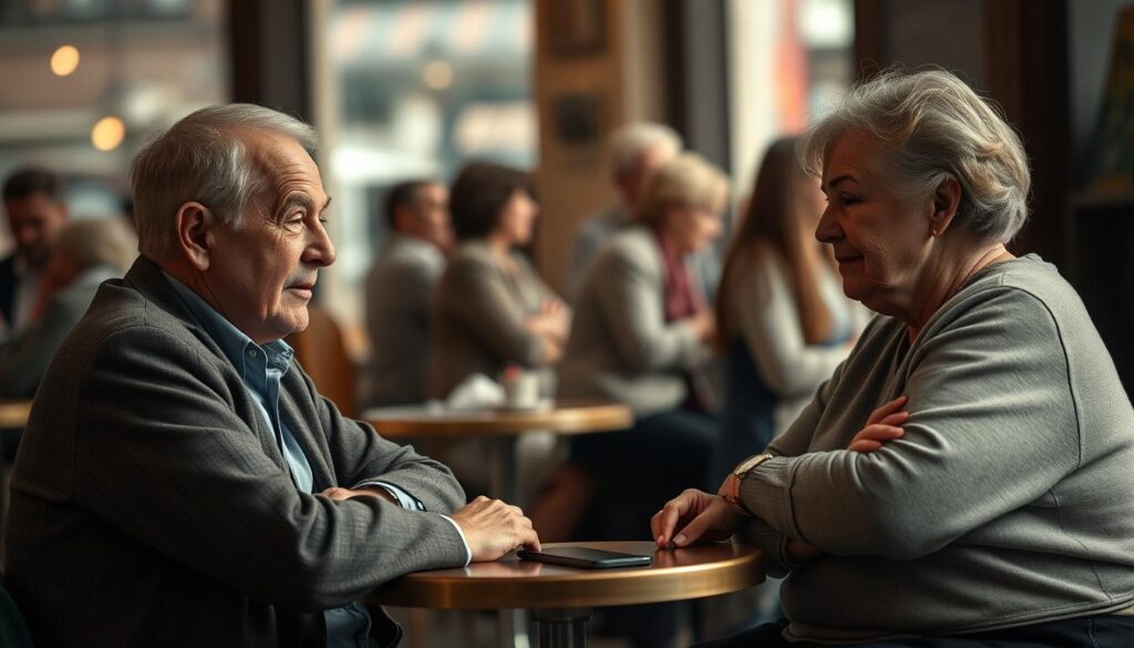 A poignant scene depicting older individuals in a discussion setting to represent the issues of age and health problems among long-term unemployed individuals. In the foreground, two older adults, a man and a woman, sit together at a small café table, engaged in conversation. The man wears a smart-casual outfit, and the woman is in modest casual clothing, both showing signs of weariness but also resilience. In the middle ground, blurred slightly for depth, there are diverse people in the background, symbolizing various aspects of society interacting. Soft, natural light filters through the café window, creating a warm and reflective atmosphere. The composition is shot with a Sony A7R IV, at 70mm, ensuring sharp focus on the subjects, capturing their expressions clearly against the softly blurred background to emphasize the theme of vulnerability and hope. A poignant scene depicting older individuals in a discussion setting to represent the issues of age and health problems among long-term unemployed individuals. In the foreground, two older adults, a man and a woman, sit together at a small café table, engaged in conversation. The man wears a smart-casual outfit, and the woman is in modest casual clothing, both showing signs of weariness but also resilience. In the middle ground, blurred slightly for depth, there are diverse people in the background, symbolizing various aspects of society interacting. Soft, natural light filters through the café window, creating a warm and reflective atmosphere. The composition is shot with a Sony A7R IV, at 70mm, ensuring sharp focus on the subjects, capturing their expressions clearly against the softly blurred background to emphasize the theme of vulnerability and hope.
