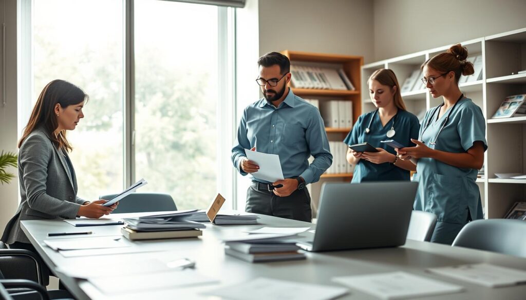 A professional administrative office in the healthcare sector, featuring a diverse group of three individuals engaged in discussion: a woman in a business suit reviewing documents, a man in a smart casual shirt using a laptop, and a woman in medical scrubs taking notes. The foreground showcases a sleek conference table cluttered with healthcare reports and a laptop. In the middle, a large window allows soft, natural light to pour in, illuminating the bustling activity outside. In the background, there are shelves filled with healthcare literature and organizational charts. The atmosphere is collaborative and productive, reflecting the importance of management in healthcare. The image is captured using a Sony A7R IV at 70mm, ensuring clear focus and sharp definition with a polarized filter for enhanced lighting. A professional administrative office in the healthcare sector, featuring a diverse group of three individuals engaged in discussion: a woman in a business suit reviewing documents, a man in a smart casual shirt using a laptop, and a woman in medical scrubs taking notes. The foreground showcases a sleek conference table cluttered with healthcare reports and a laptop. In the middle, a large window allows soft, natural light to pour in, illuminating the bustling activity outside. In the background, there are shelves filled with healthcare literature and organizational charts. The atmosphere is collaborative and productive, reflecting the importance of management in healthcare. The image is captured using a Sony A7R IV at 70mm, ensuring clear focus and sharp definition with a polarized filter for enhanced lighting.