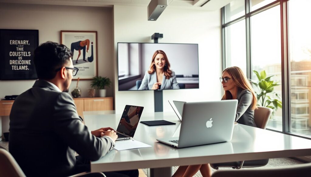 A professional and modern office environment featuring a diverse group of three individuals engaged in a spontaneous Microsoft Teams meeting. In the foreground, a male and female professional, both in smart business attire, are seated at a sleek conference table with laptops open, actively participating in the virtual meeting. The third individual, a woman, is prominently displayed on a large screen in the background, engaged in the video call. Soft, natural lighting floods the space through large windows, creating an inviting atmosphere. The scene captures the essence of collaboration and technology, with modern decor and motivational quotes framed on the walls. The image is taken with a Sony A7R IV at 70mm, clearly focused with sharp details and a polarized filter to enhance colors and contrasts, conveying a sense of professionalism and productivity.