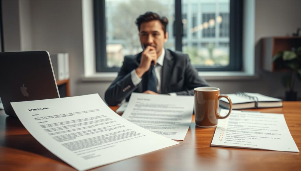 A professional business desk scene in a well-lit office setting, featuring a neatly organized workspace. In the foreground, there are three distinct documents representing different types of job rejection letters: a formal letter on high-quality stationery, an email on a laptop screen, and a brief notes page with highlighted points. The middle ground showcases a professional dressed person, wearing business attire, thoughtfully contemplating while holding a pen to their chin, surrounded by a coffee cup and a planner. In the background, a modern office window lets in natural light, enhancing the clarity. The atmosphere should convey professionalism and respect, with a subtle sense of decision-making and contemplation. Shot on a Sony A7R IV with a 70mm lens, clearly focused, sharply defined, with enhanced clarity from a polarized filter. A professional business desk scene in a well-lit office setting, featuring a neatly organized workspace. In the foreground, there are three distinct documents representing different types of job rejection letters: a formal letter on high-quality stationery, an email on a laptop screen, and a brief notes page with highlighted points. The middle ground showcases a professional dressed person, wearing business attire, thoughtfully contemplating while holding a pen to their chin, surrounded by a coffee cup and a planner. In the background, a modern office window lets in natural light, enhancing the clarity. The atmosphere should convey professionalism and respect, with a subtle sense of decision-making and contemplation. Shot on a Sony A7R IV with a 70mm lens, clearly focused, sharply defined, with enhanced clarity from a polarized filter.